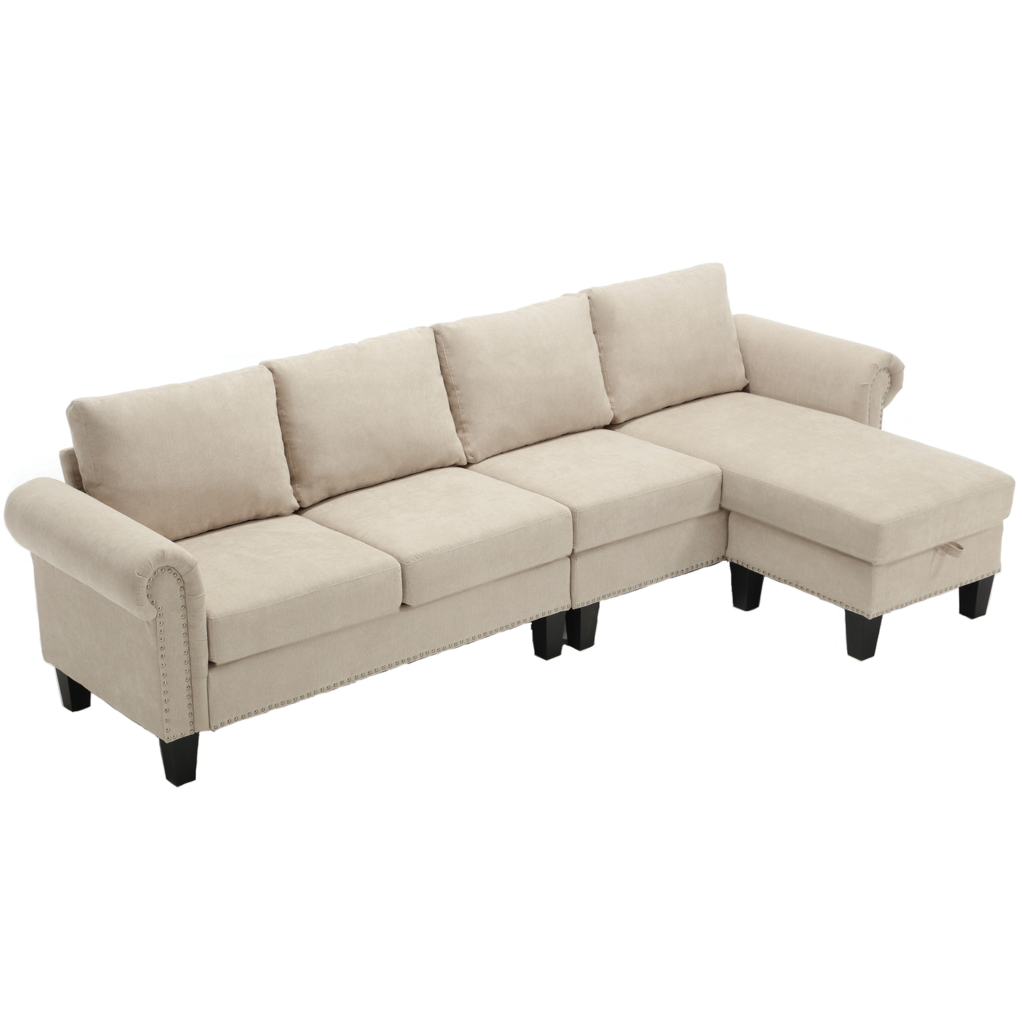 Beige linen sectional sofa with rolled arms and silver nailhead trim