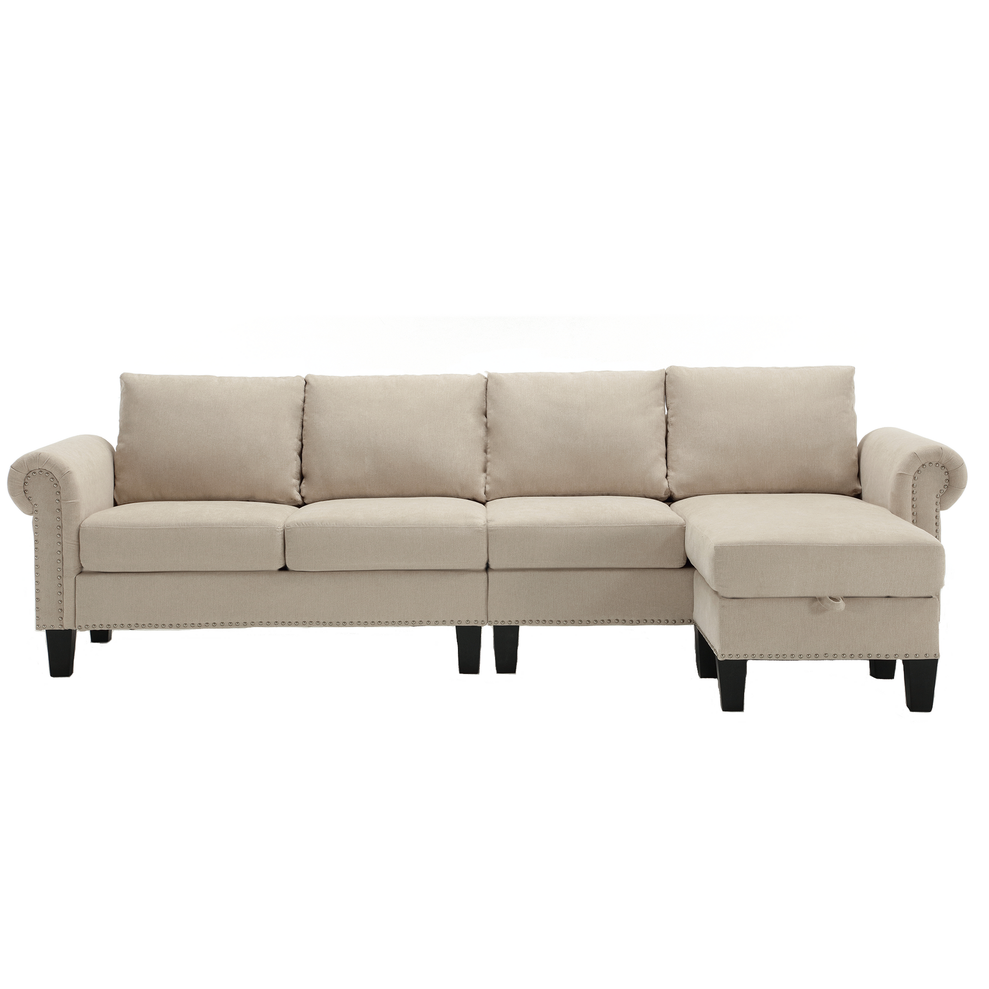 Beige fabric sectional sofa with nailhead trim and rolled arms