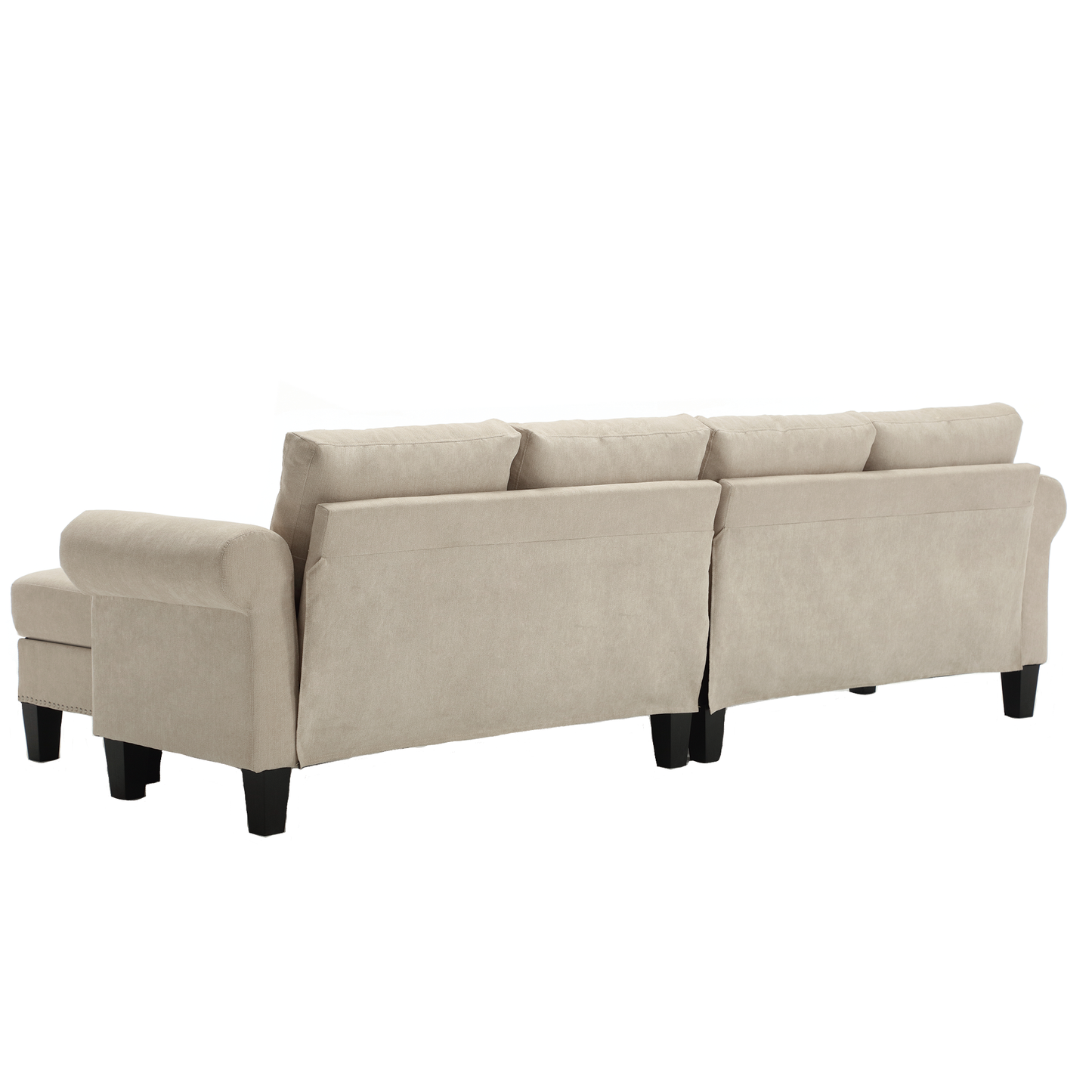 Beige fabric sectional sofa with rolled arms and dark wooden legs