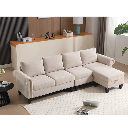 Beige sectional sofa with chaise plush cushions and silver nailhead trim for modern living rooms