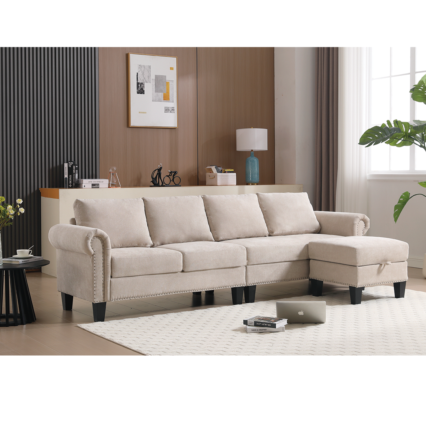 Beige fabric sectional sofa with studded detailing and ottoman