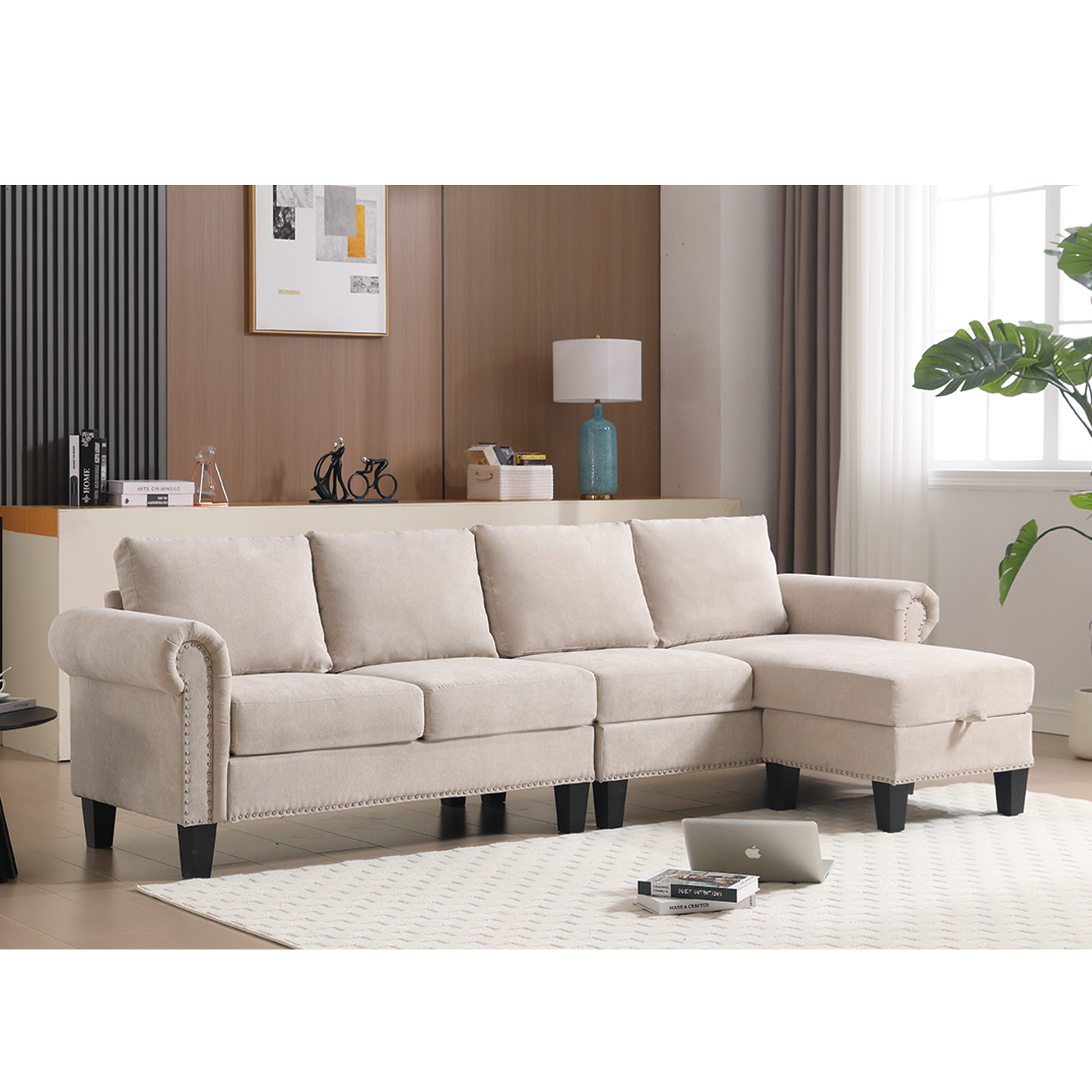Beige linen sectional sofa with rolled arms and silver nailhead trim for modern living rooms
