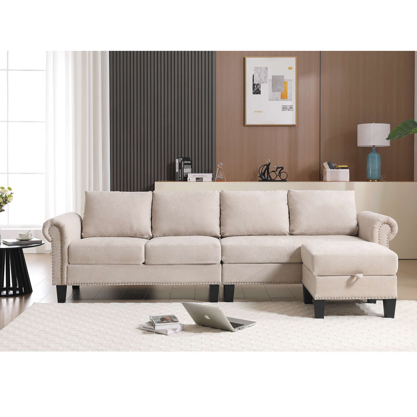 Beige sectional sofa with studded trim and storage ottoman perfect for modern living rooms