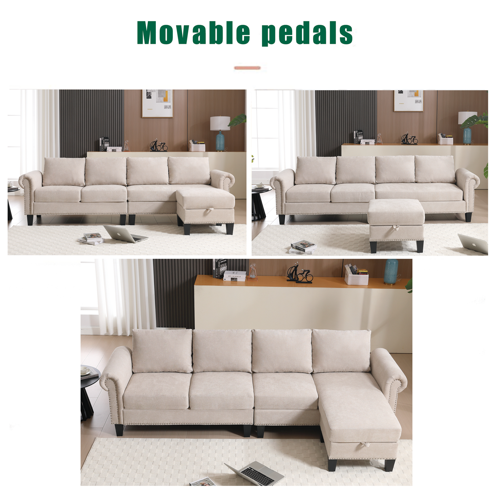 Beige fabric sectional sofa with tufted details and movable ottoman storage