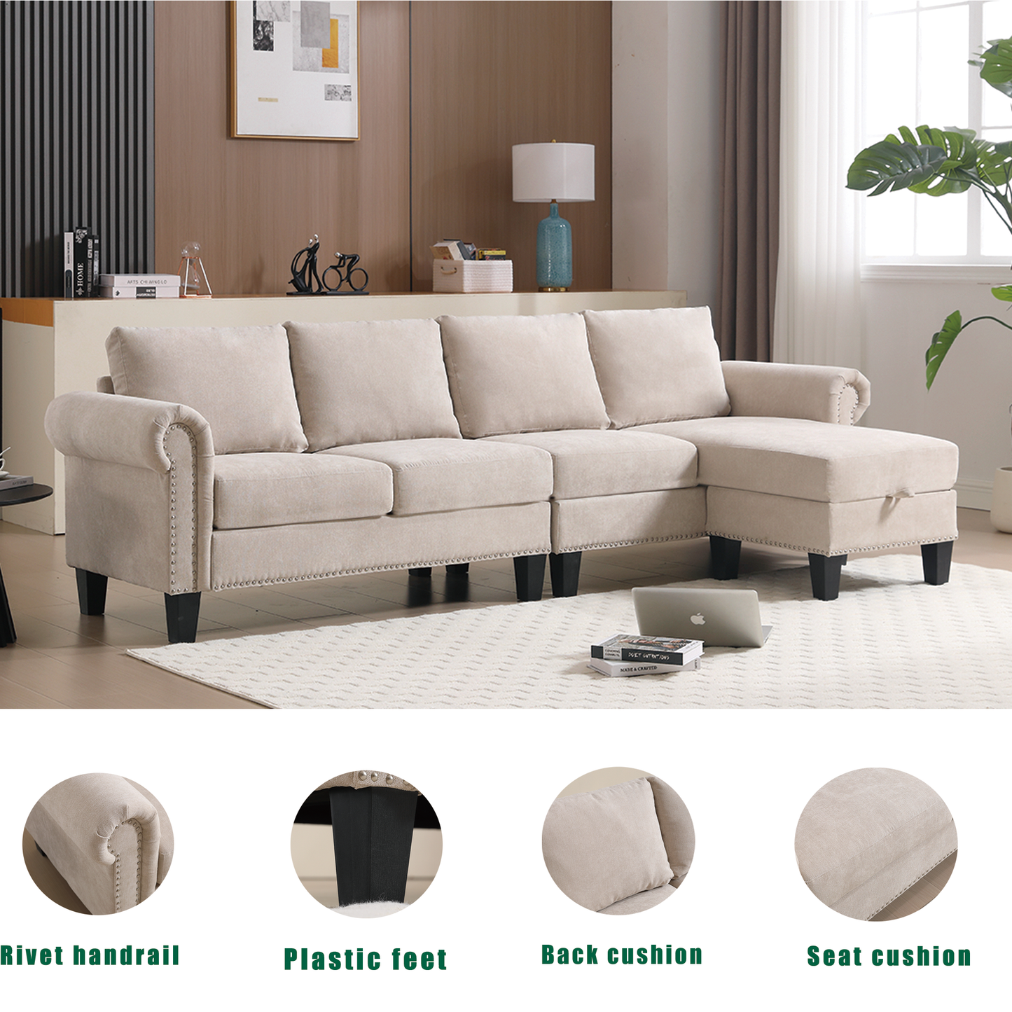 Beige fabric sectional sofa with rivet trim and dark wooden legs