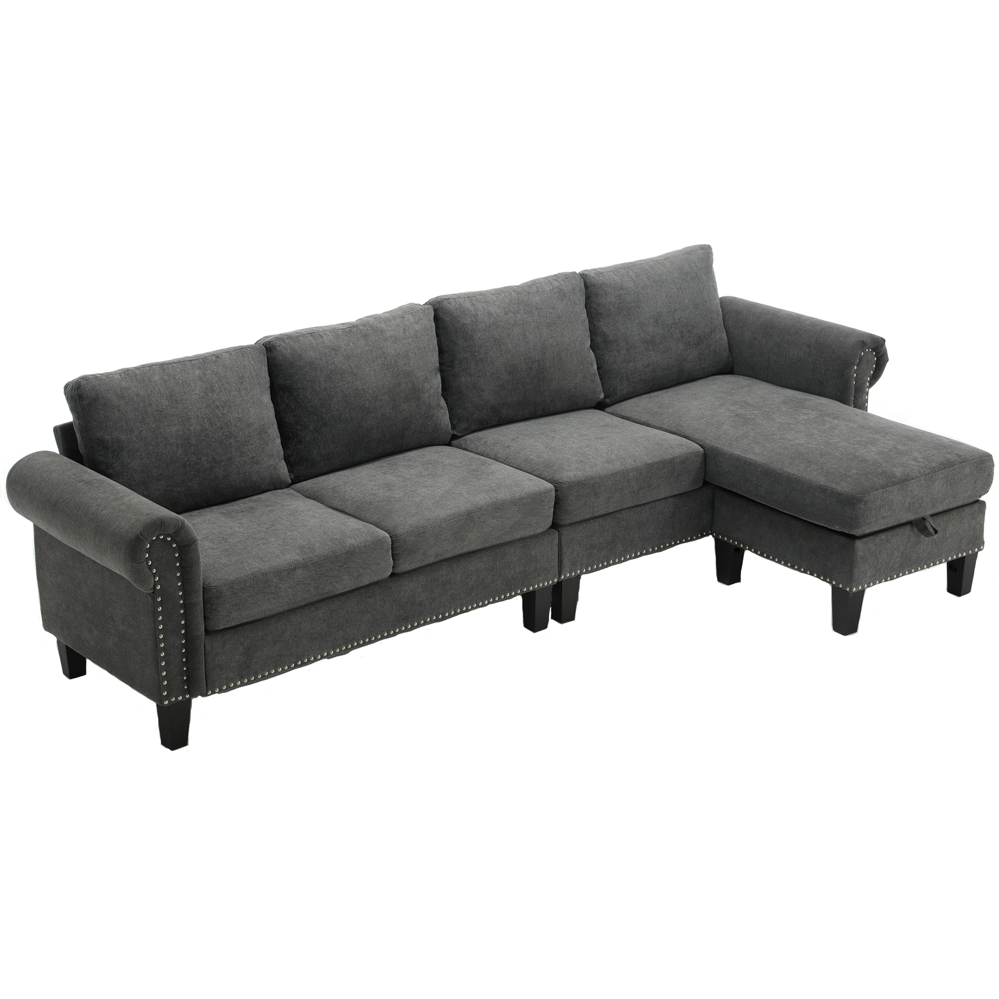 Dark gray fabric sectional sofa with silver nailhead trim detail and chaise