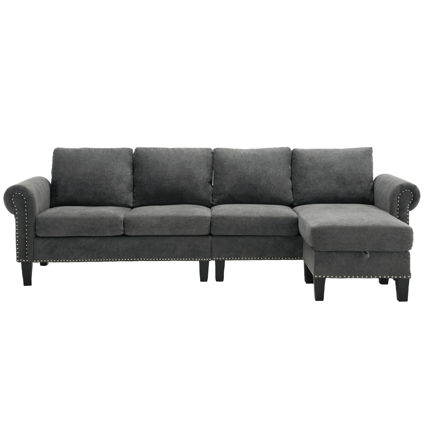 Dark grey fabric sectional sofa with rolled arms and silver nailhead trim