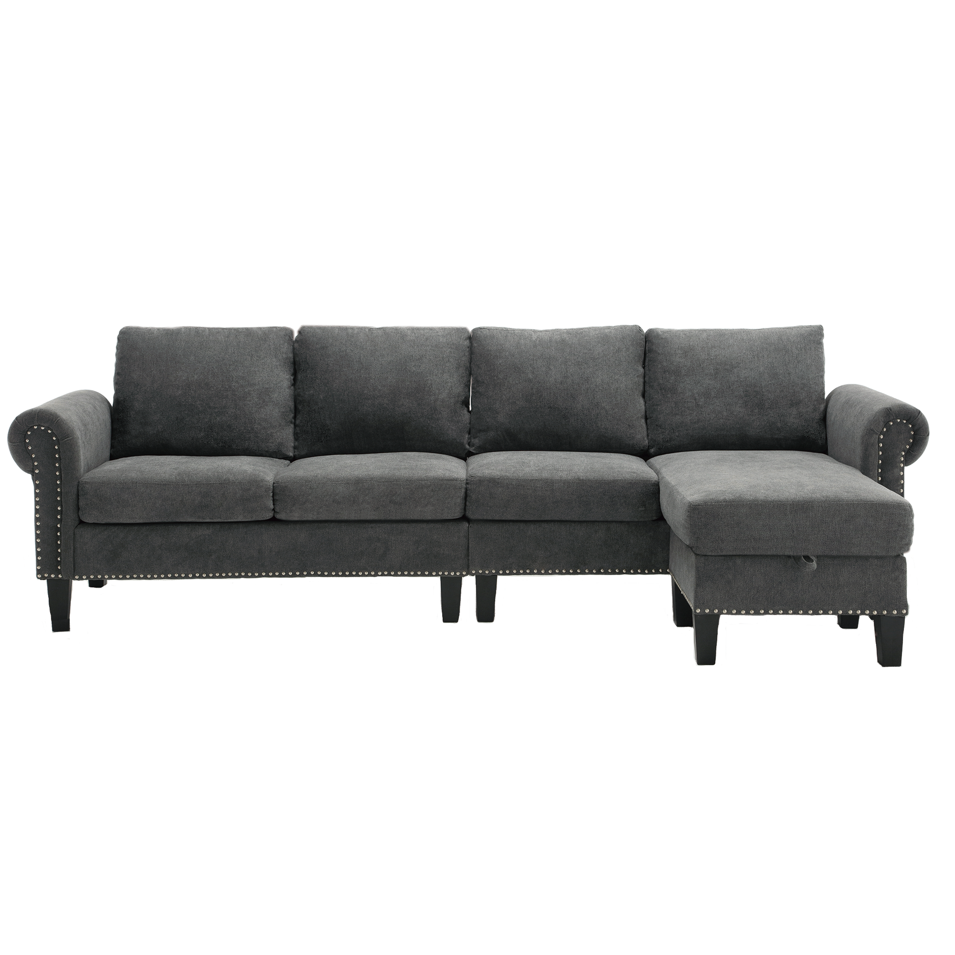 Dark grey fabric sectional sofa with rolled arms and silver nailhead trim
