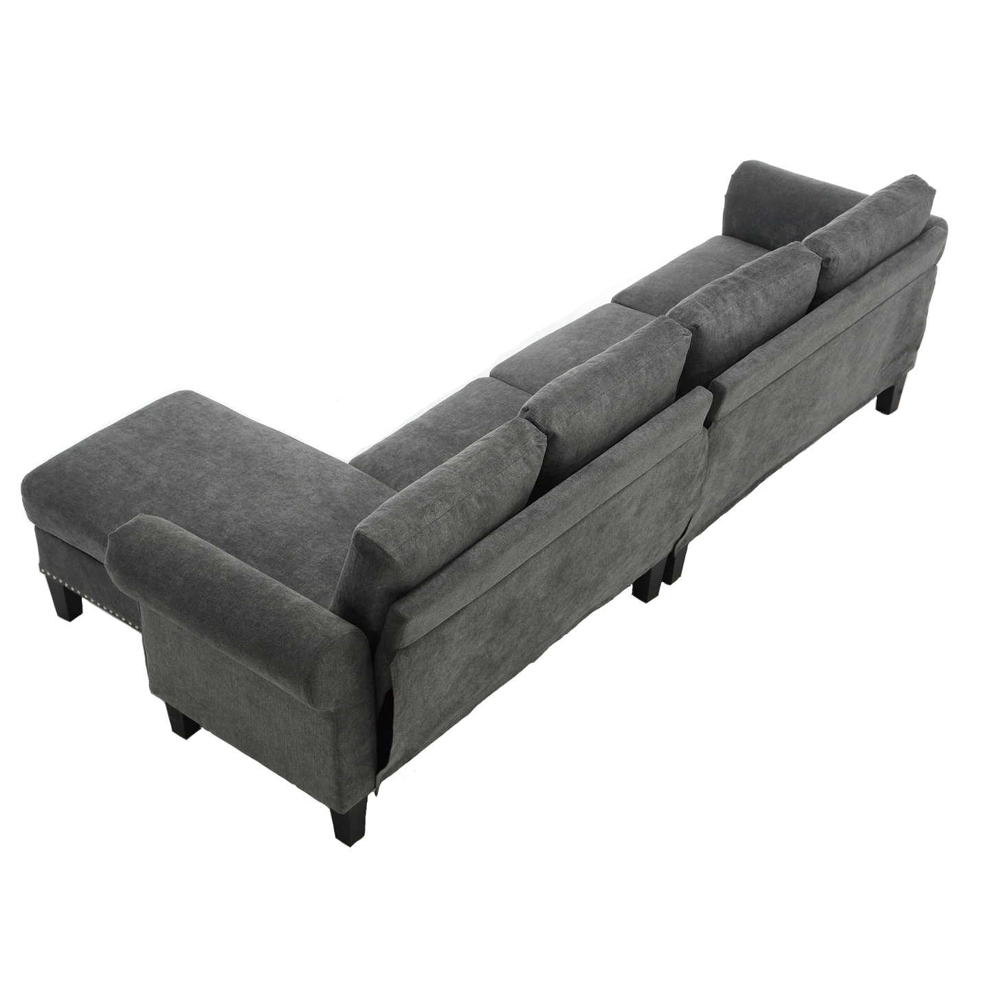 Dark grey fabric sectional sofa with chaise lounge and nailhead trim