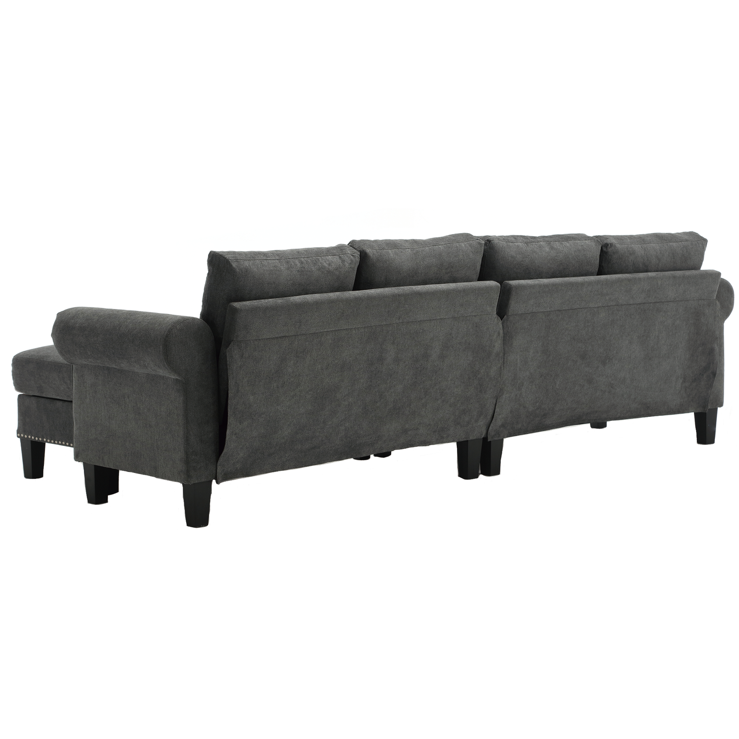 Dark grey fabric sectional sofa with chaise and nailhead trim