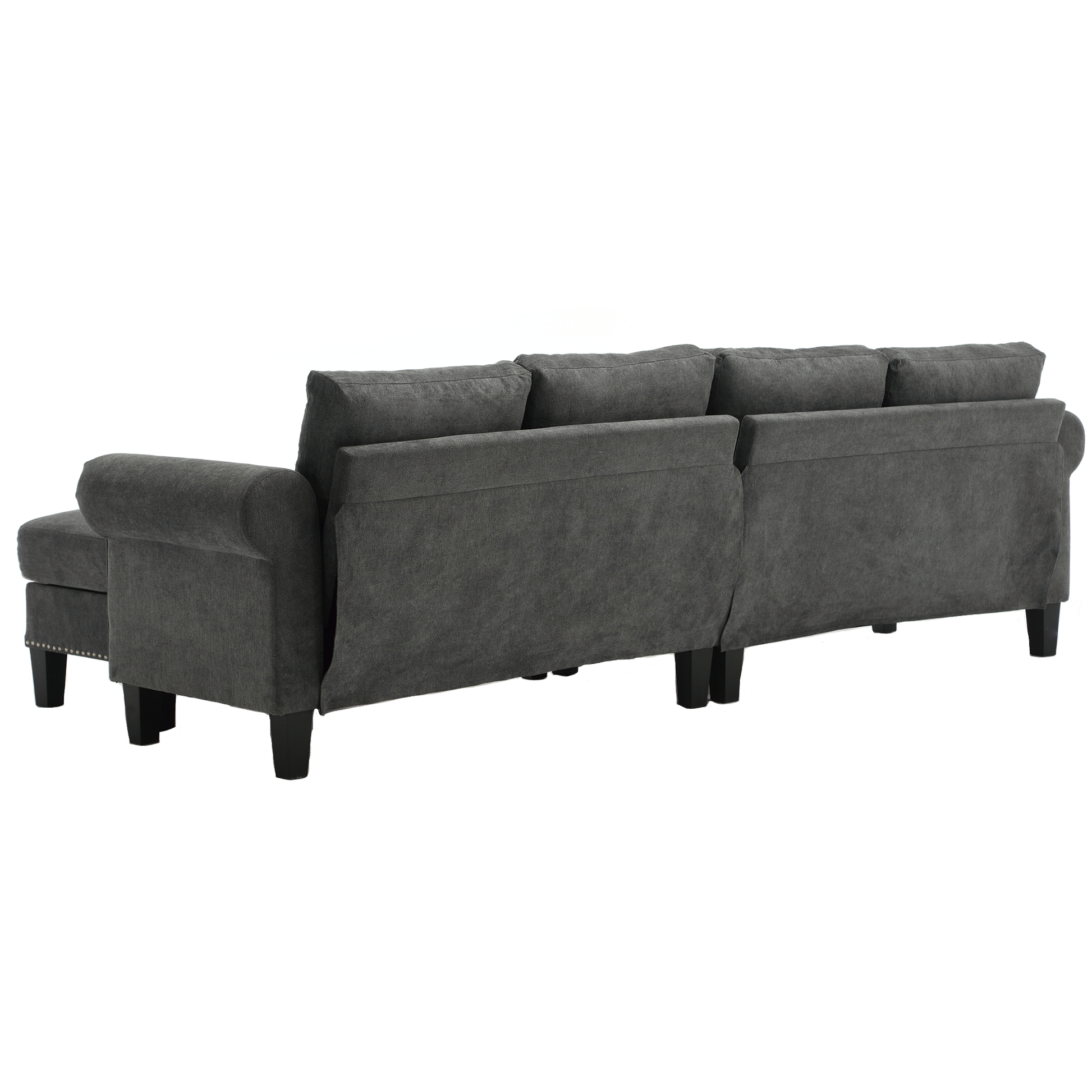 Dark grey fabric sectional sofa with chaise and nailhead trim