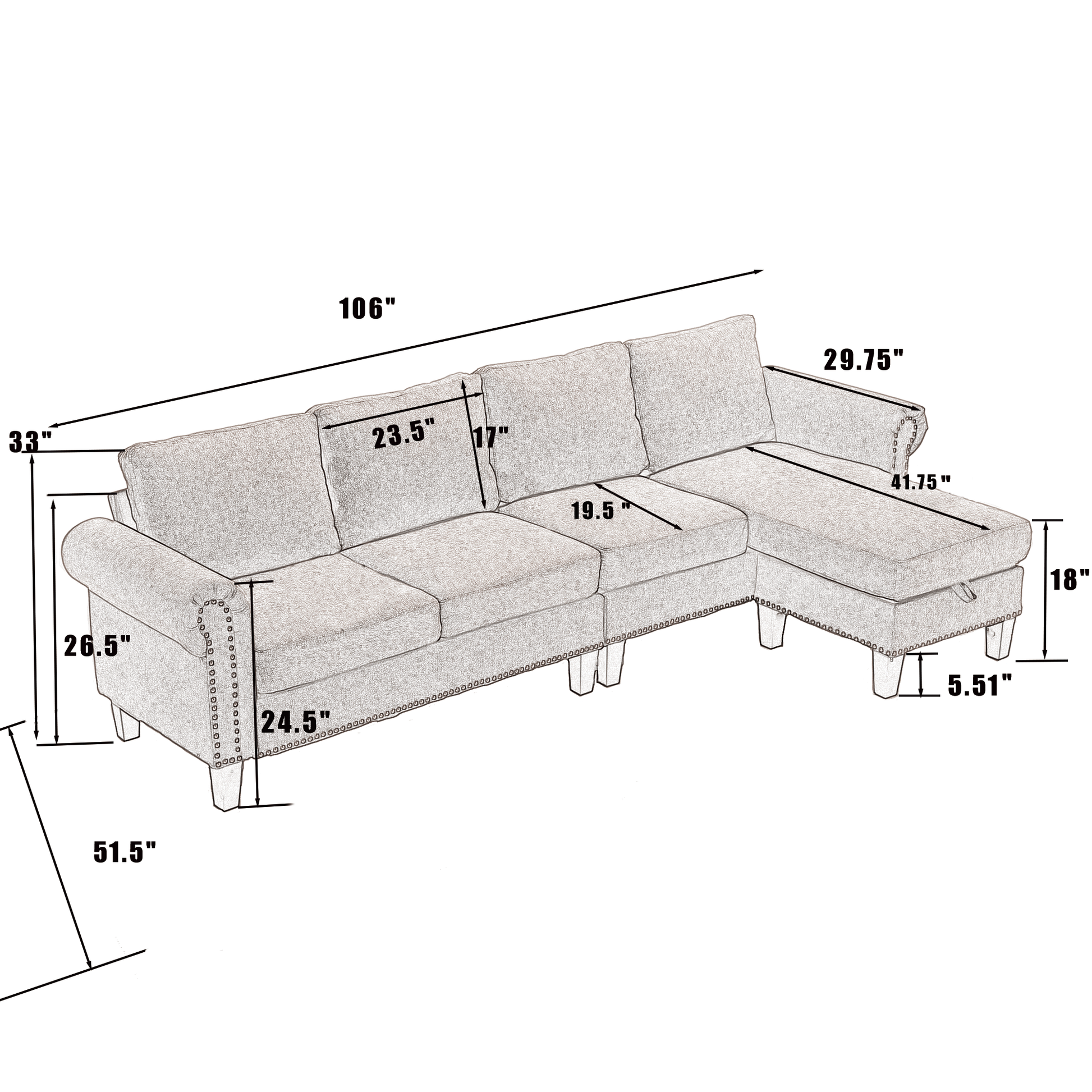 Gray upholstered sectional sofa with chaise detailed with nailhead trim and tapered legs