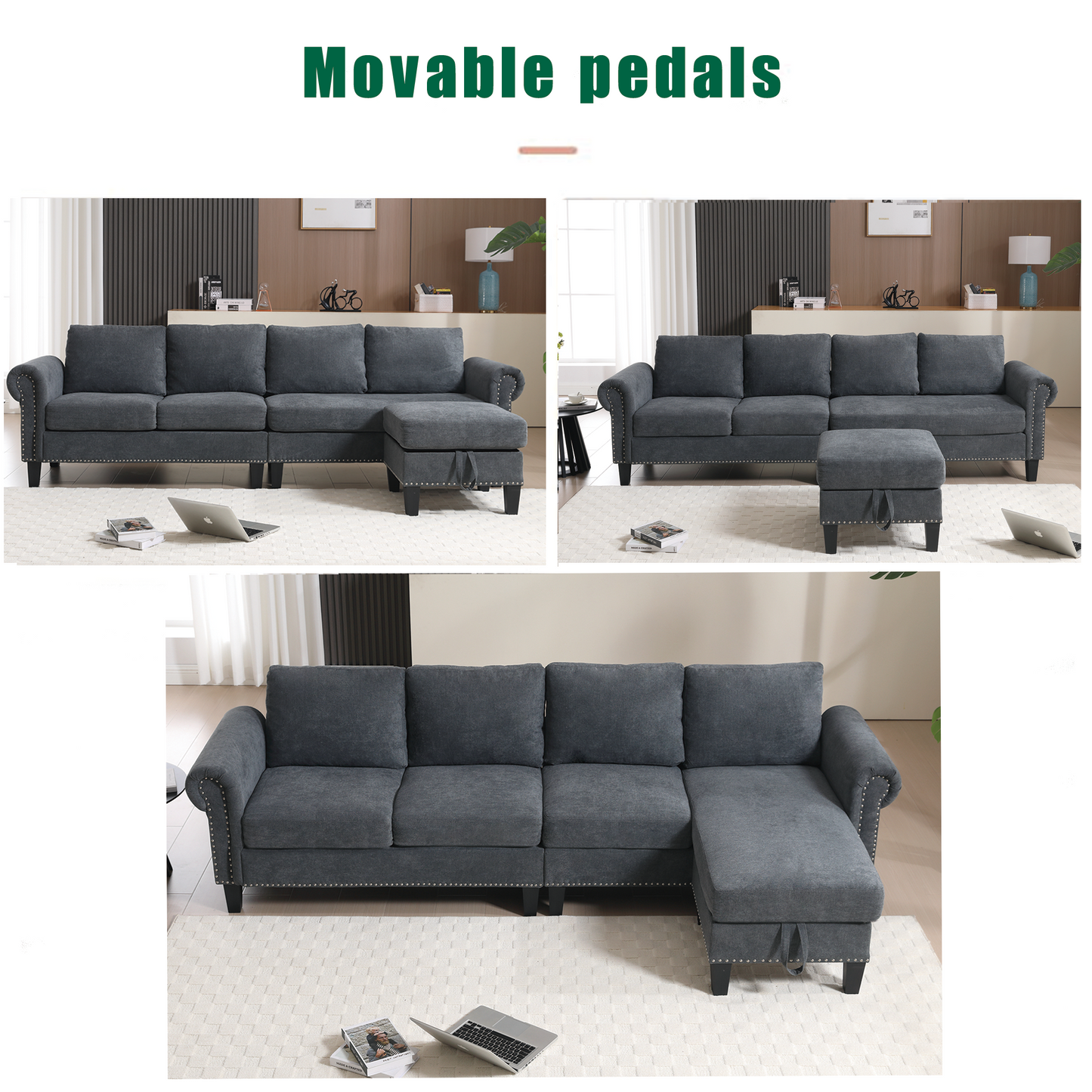 Dark gray upholstered sectional sofa with nailhead trim and movable chaise