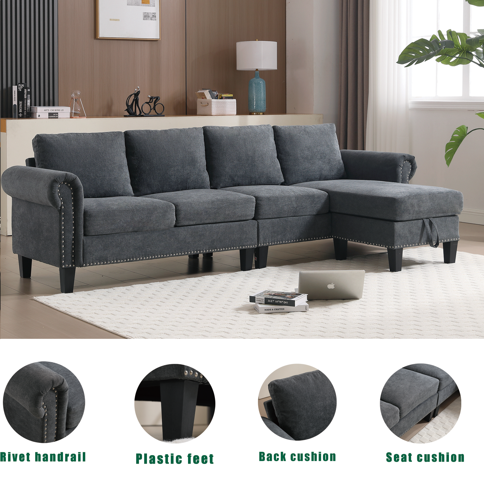 Dark gray sectional sofa with tufted armrests and silver nailhead trim