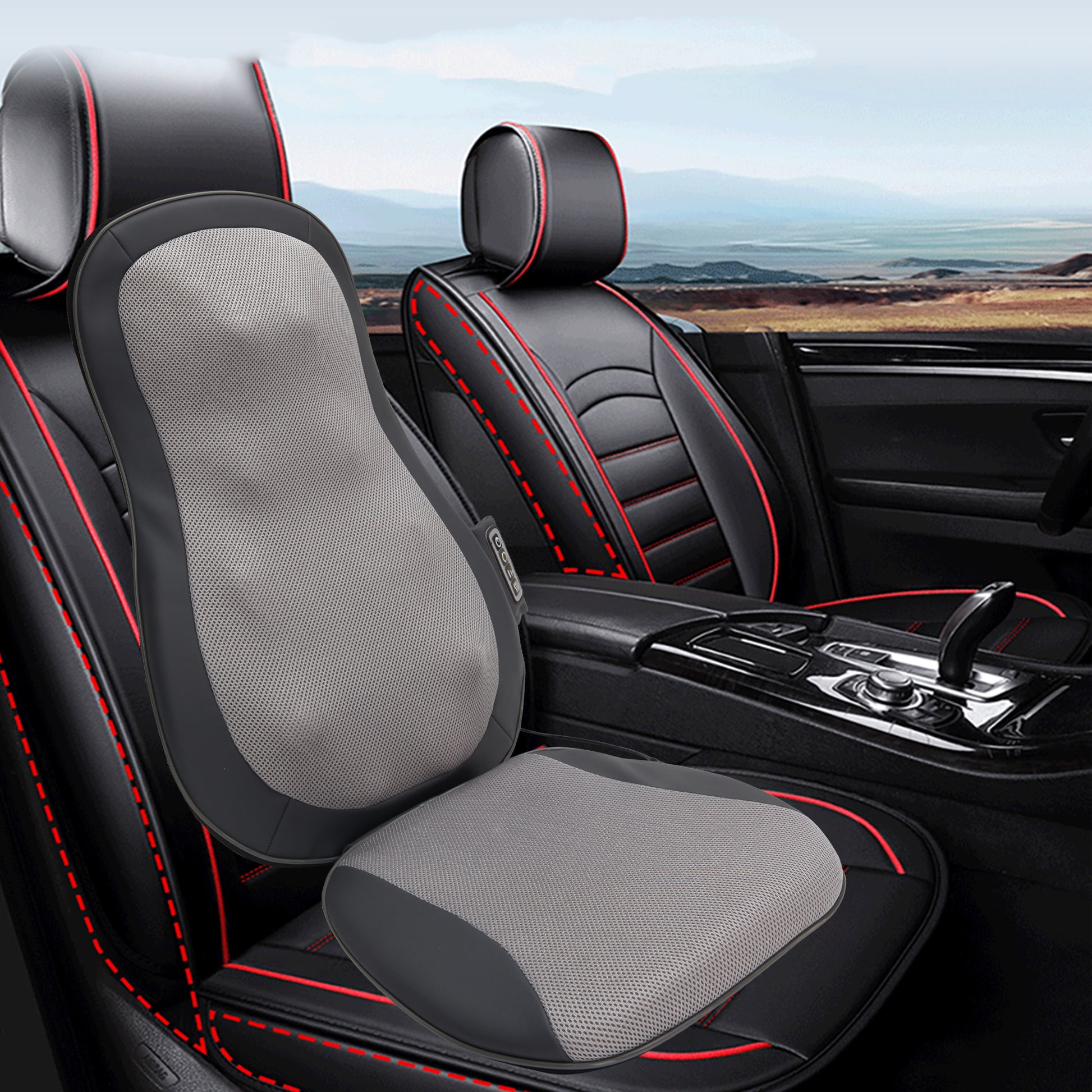 Gray mesh shiatsu massage car seat cushion with black trim and red stitching for comfort