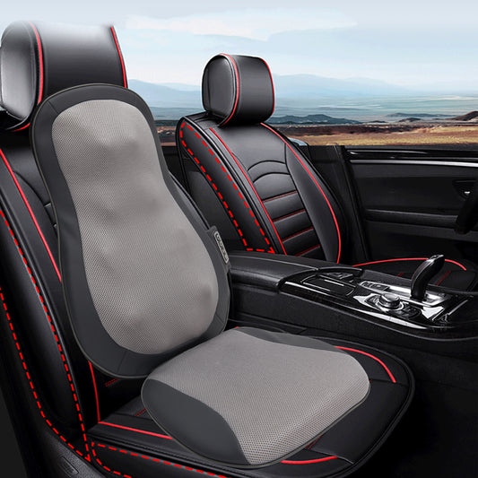 Gray mesh shiatsu massage car seat cushion with black trim and red stitching for comfort