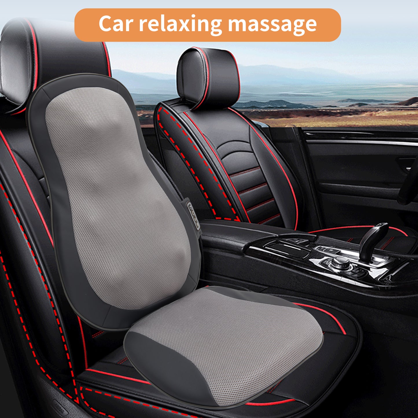 Black and grey car massage seat cushion with mesh fabric for lumbar support and comfort