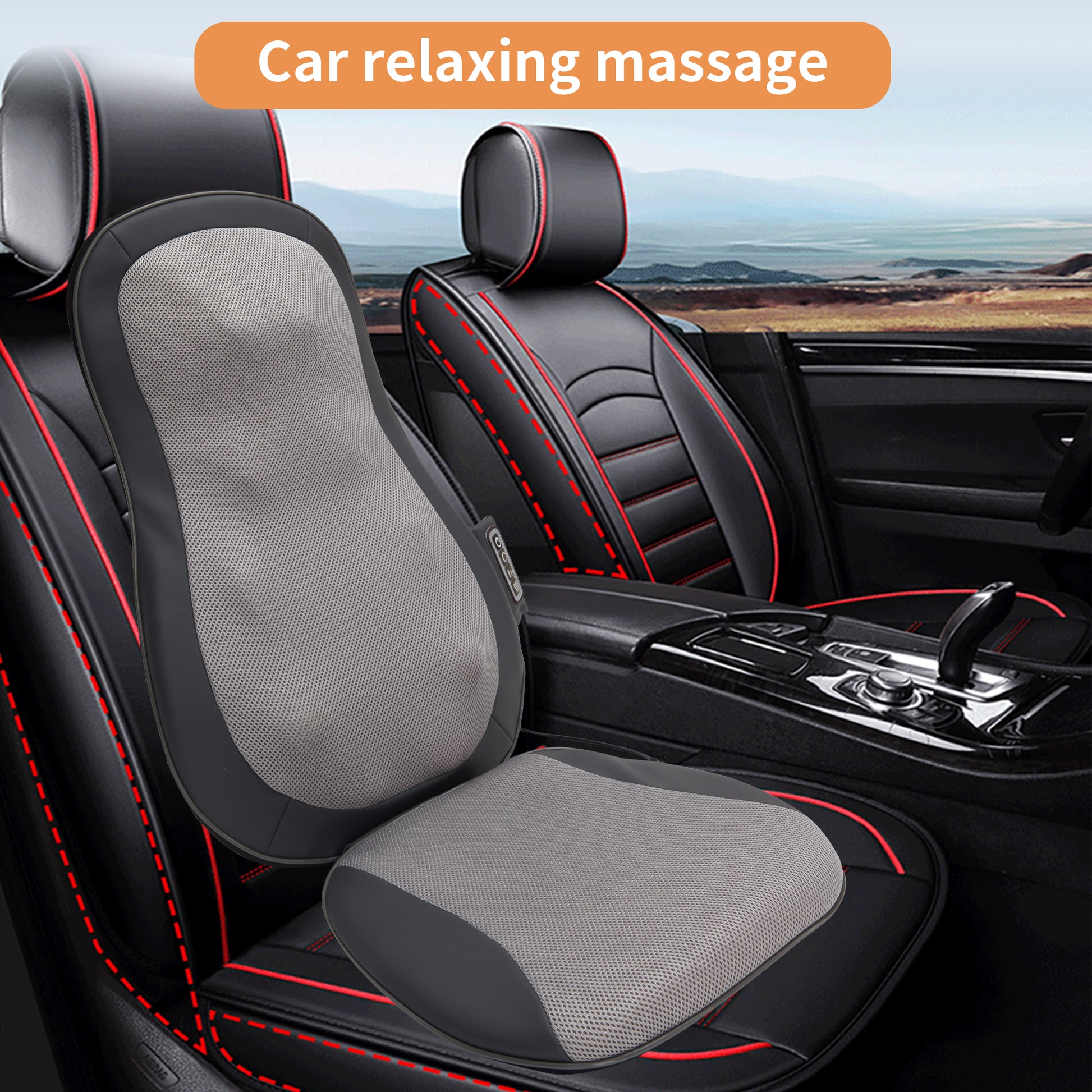 Black and grey car massage seat cushion with mesh fabric for lumbar support and comfort