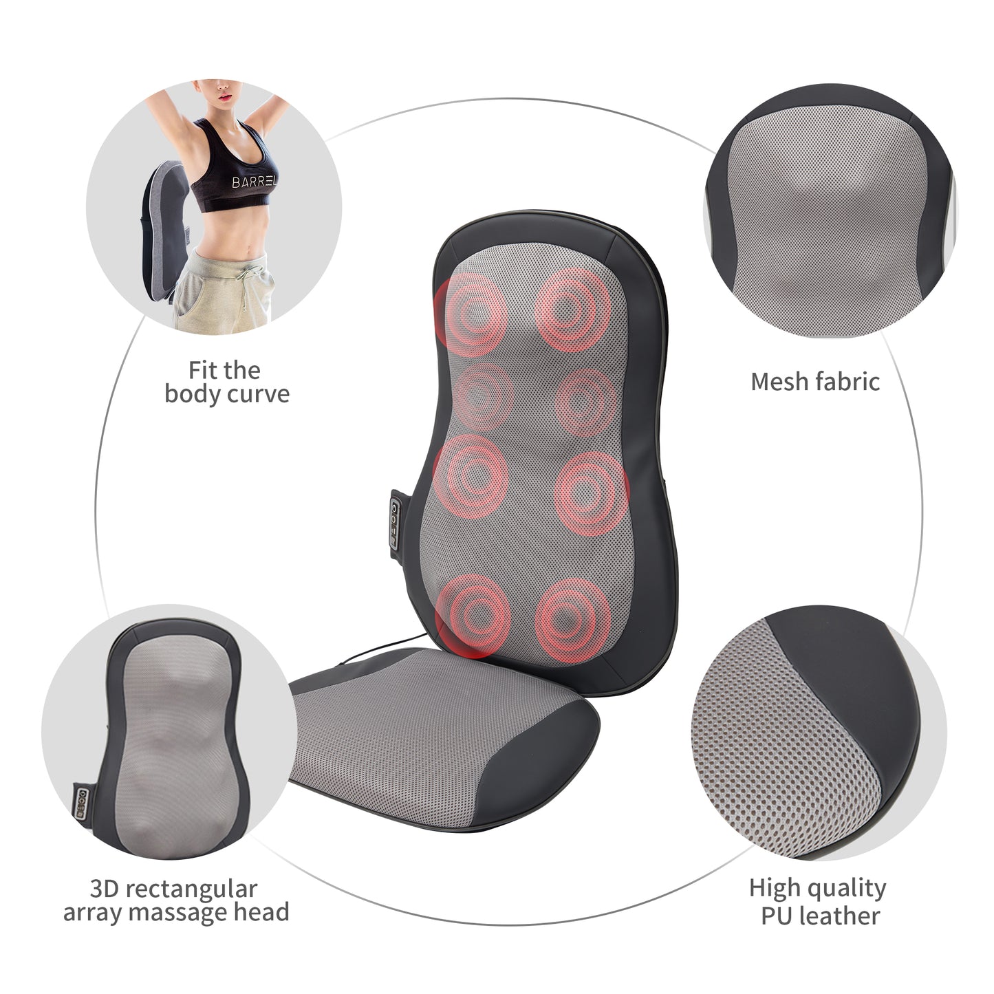 Black and grey neck and back massage cushion with integrated heating nodes