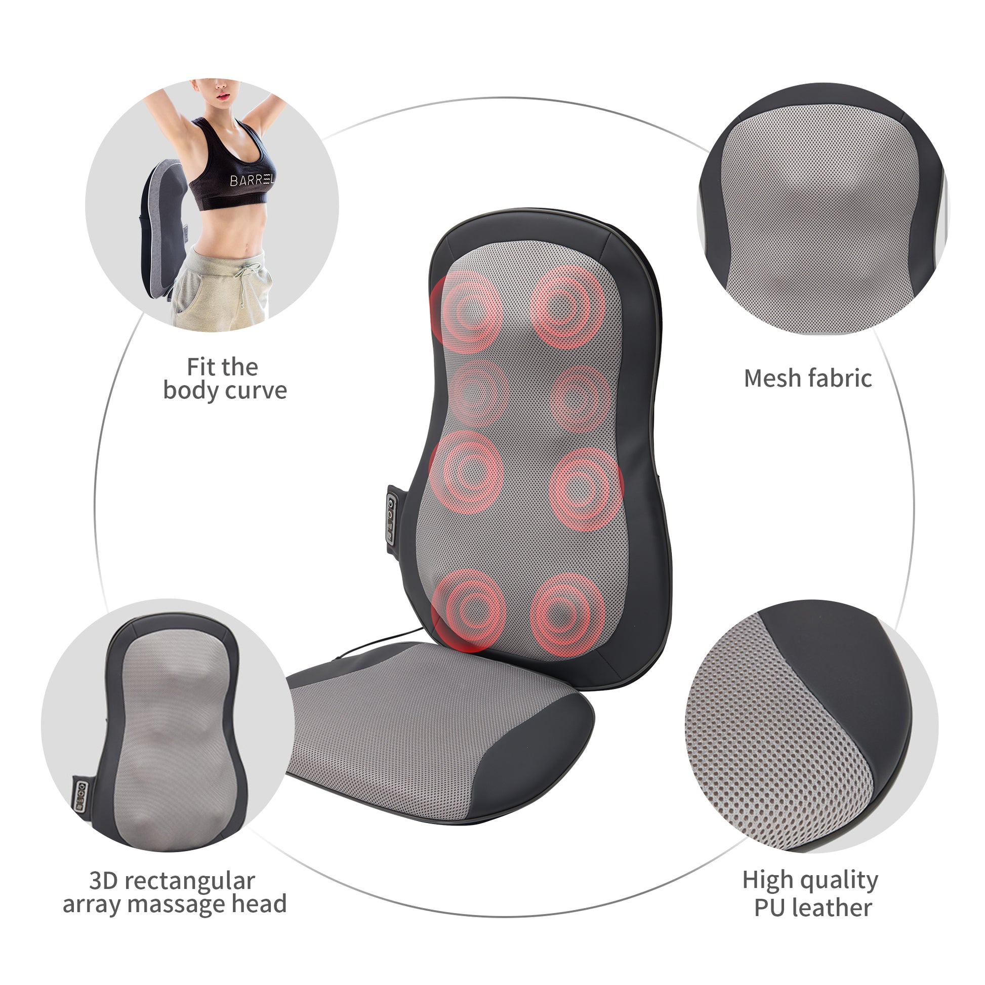 Black and grey neck and back massage cushion with integrated heating nodes