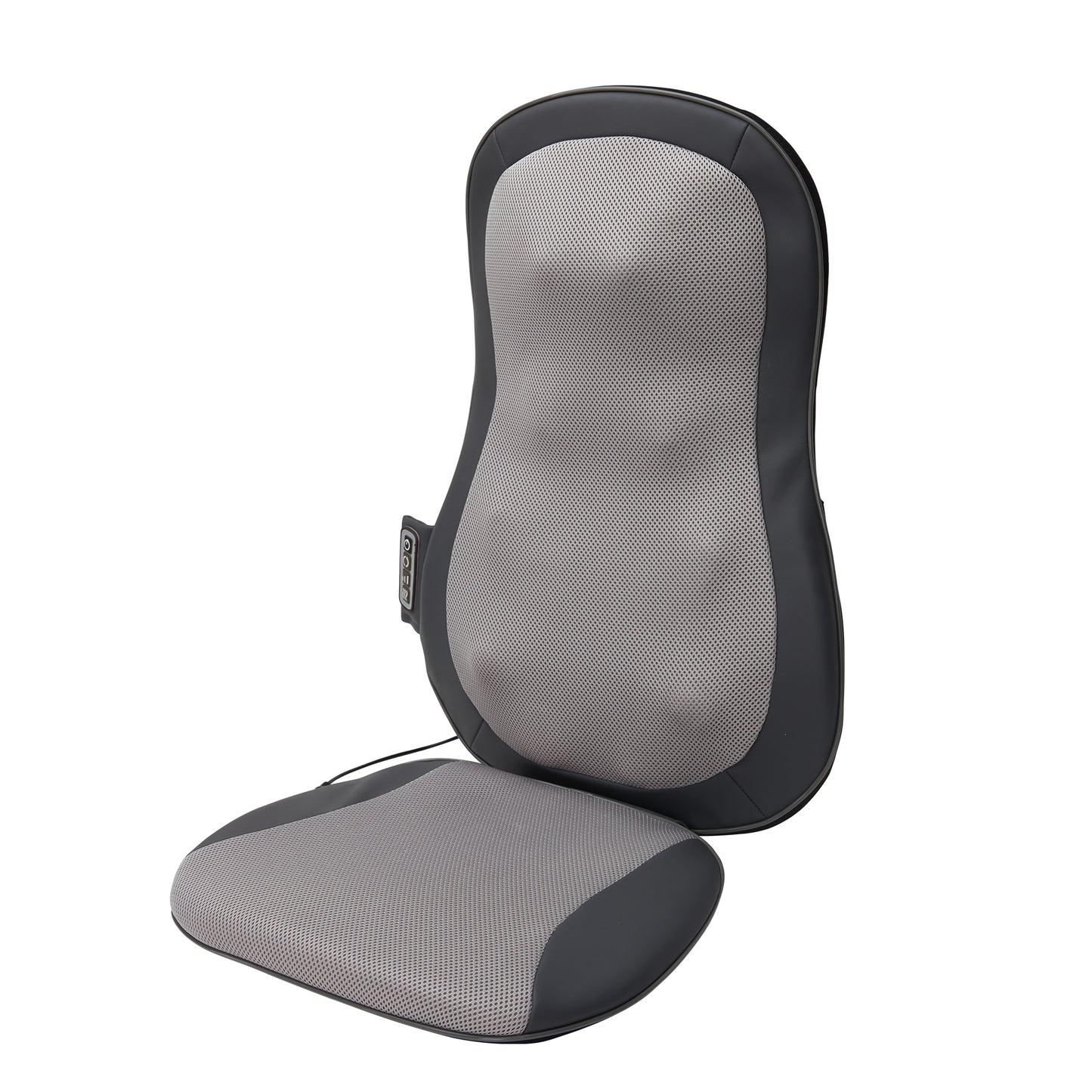 Gray mesh and faux leather back massage cushion with integrated controls for car or home use