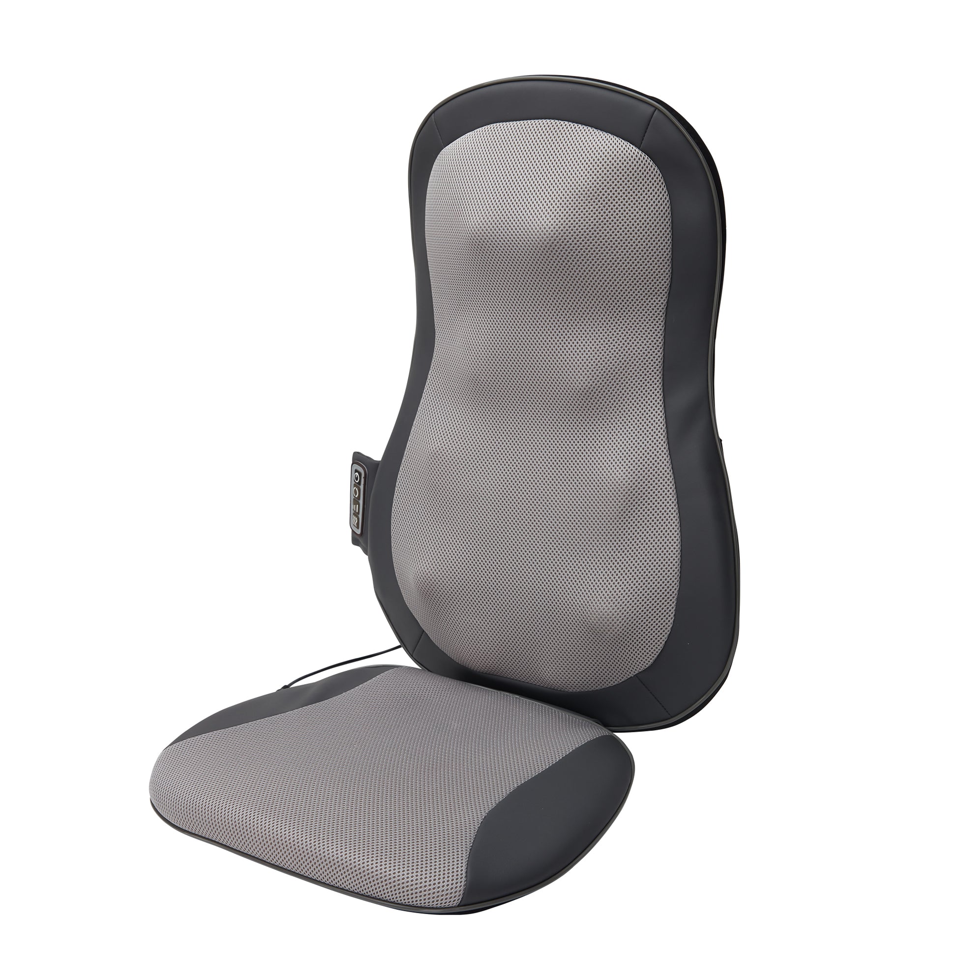 Gray mesh and faux leather back massage cushion with integrated controls for car or home use