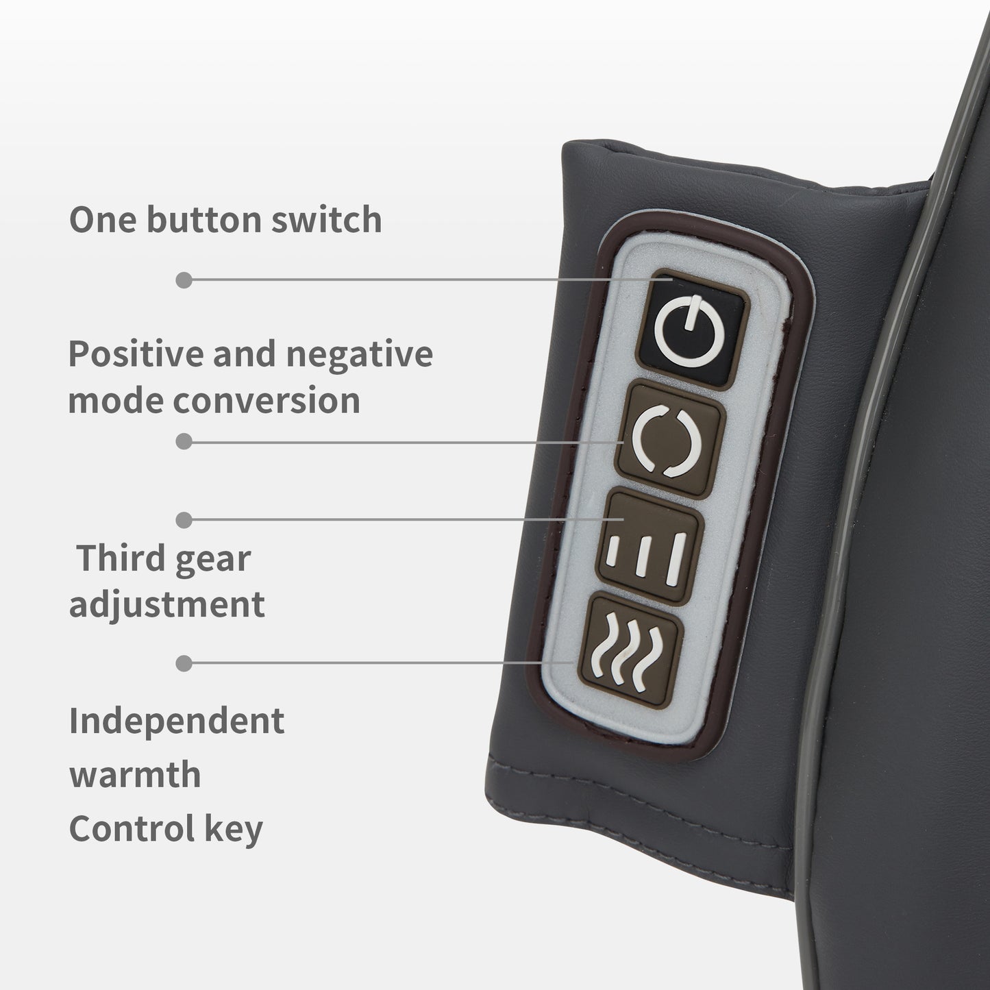 Dark gray massage pillow control panel with power mode speed and heat buttons
