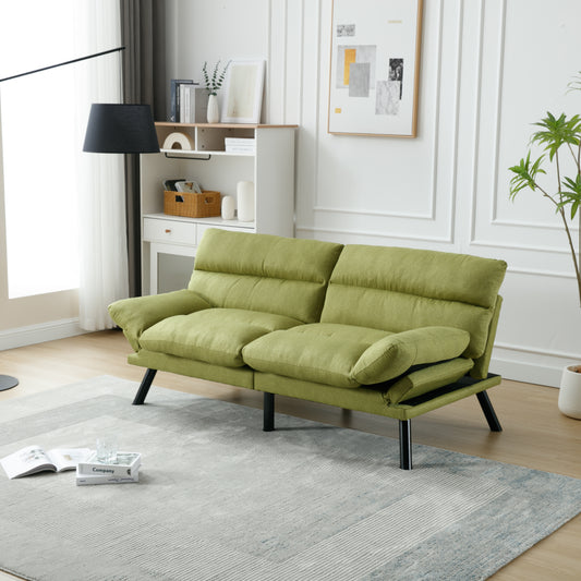 Modern green linen sofa with adjustable armrests and black metal legs perfect for small living spaces