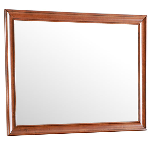 Rectangular wooden framed mirror with a rich cherry finish
