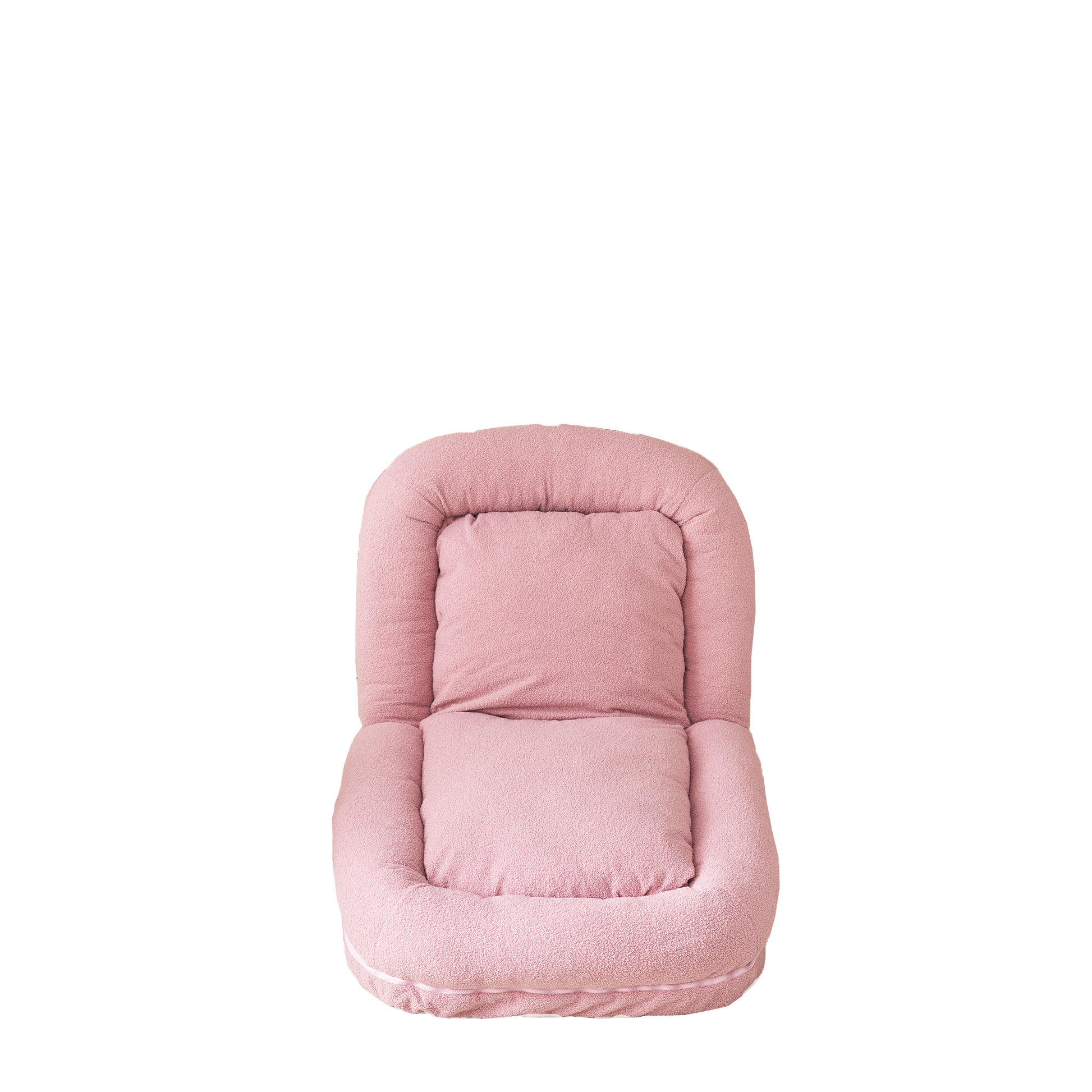 Soft pink boucle floor chair with plush cushioning and lumbar support