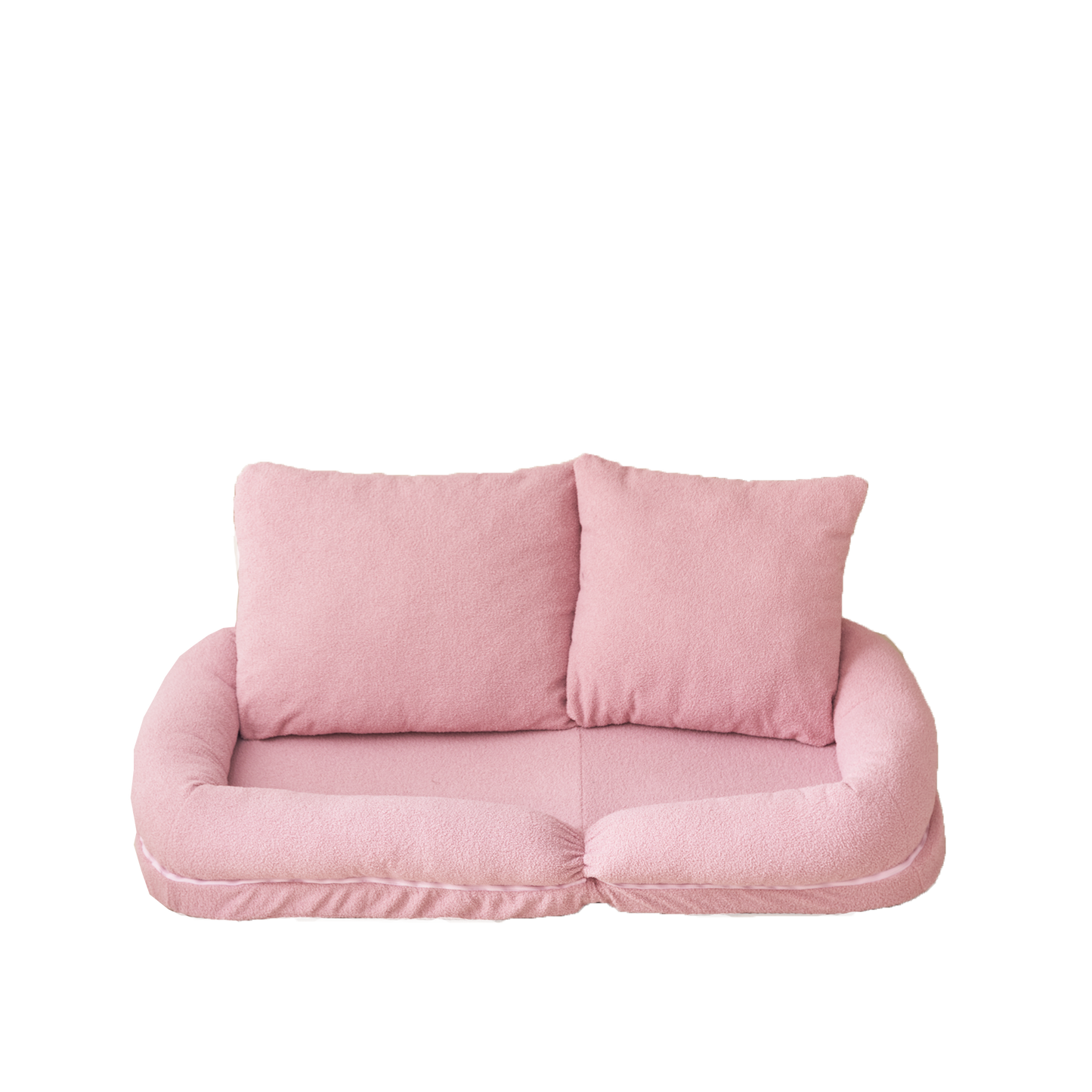 Plush pink pet bed with bolster sides and two back pillows providing cozy comfort