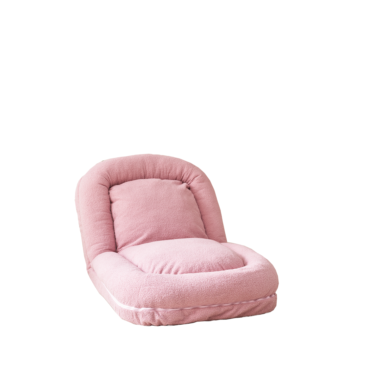 Plush pink boucle fabric floor chair with adjustable backrest for comfortable lounging