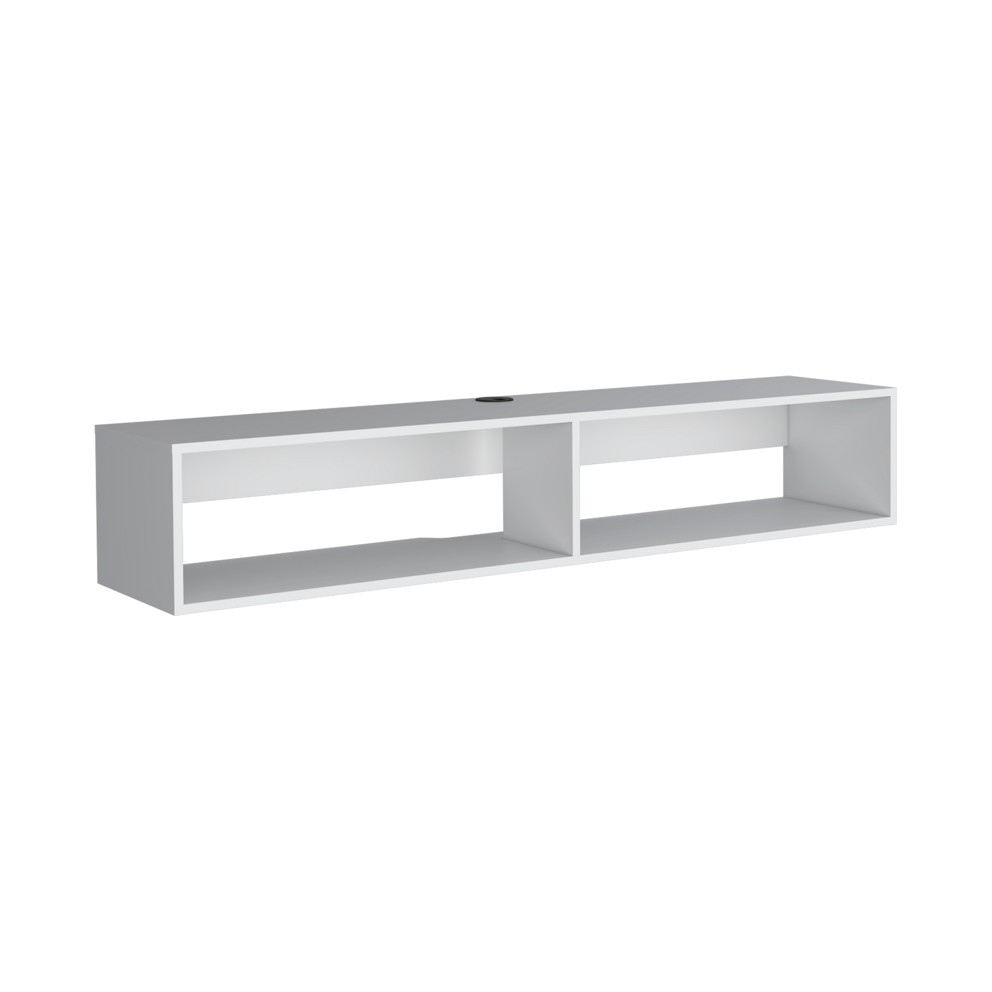 Sleek white floating media console with two open compartments for entertainment devices