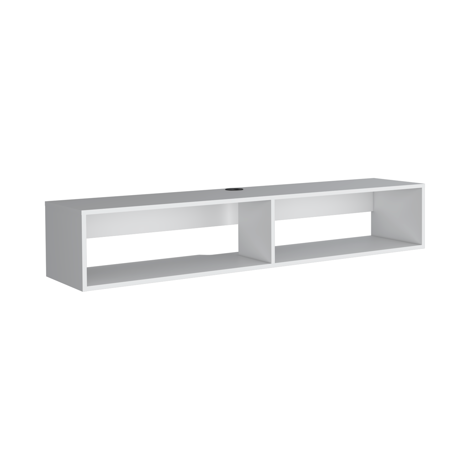 Sleek white floating media console with two open compartments for entertainment devices