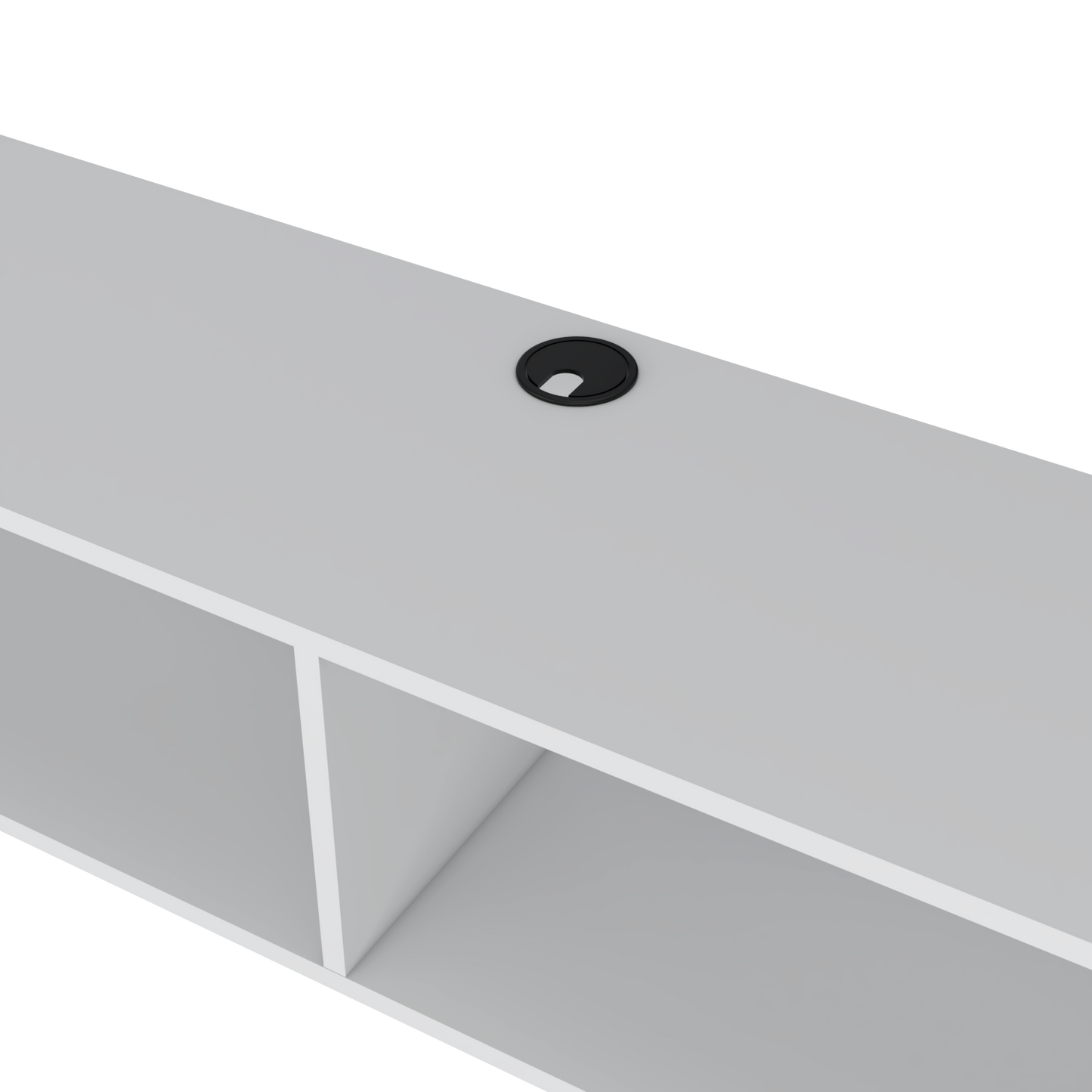 White modern desk with black grommet for cable management minimalist design