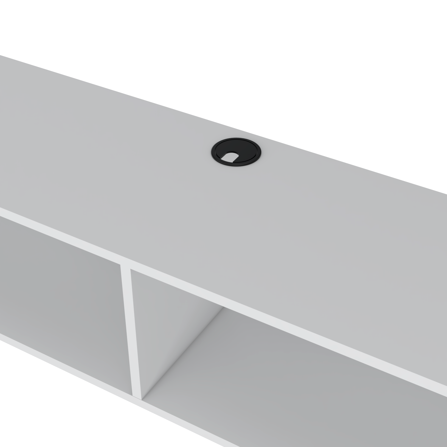 White modern desk with black grommet for cable management minimalist design