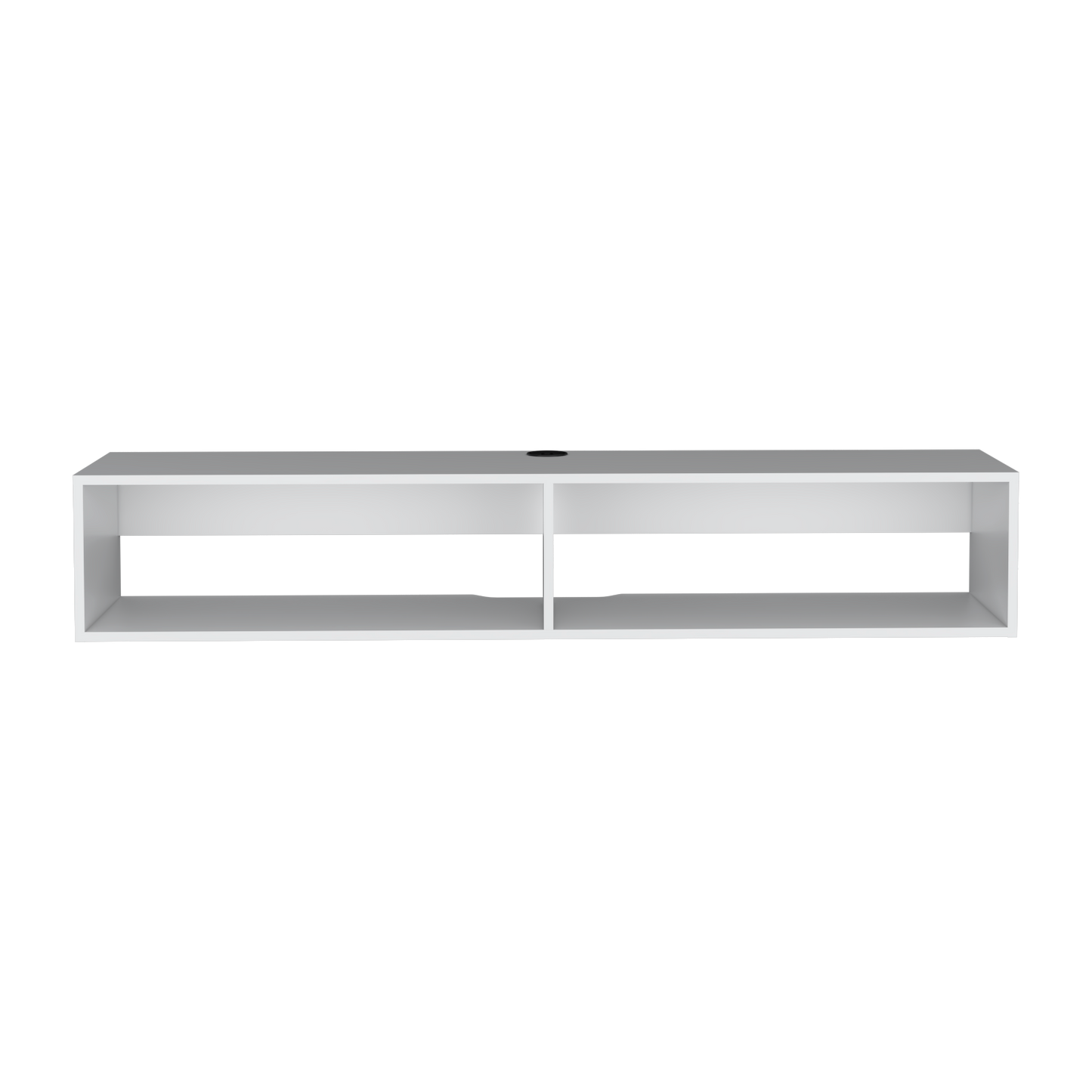 Modern white wallmounted TV console with two open compartments and cable management