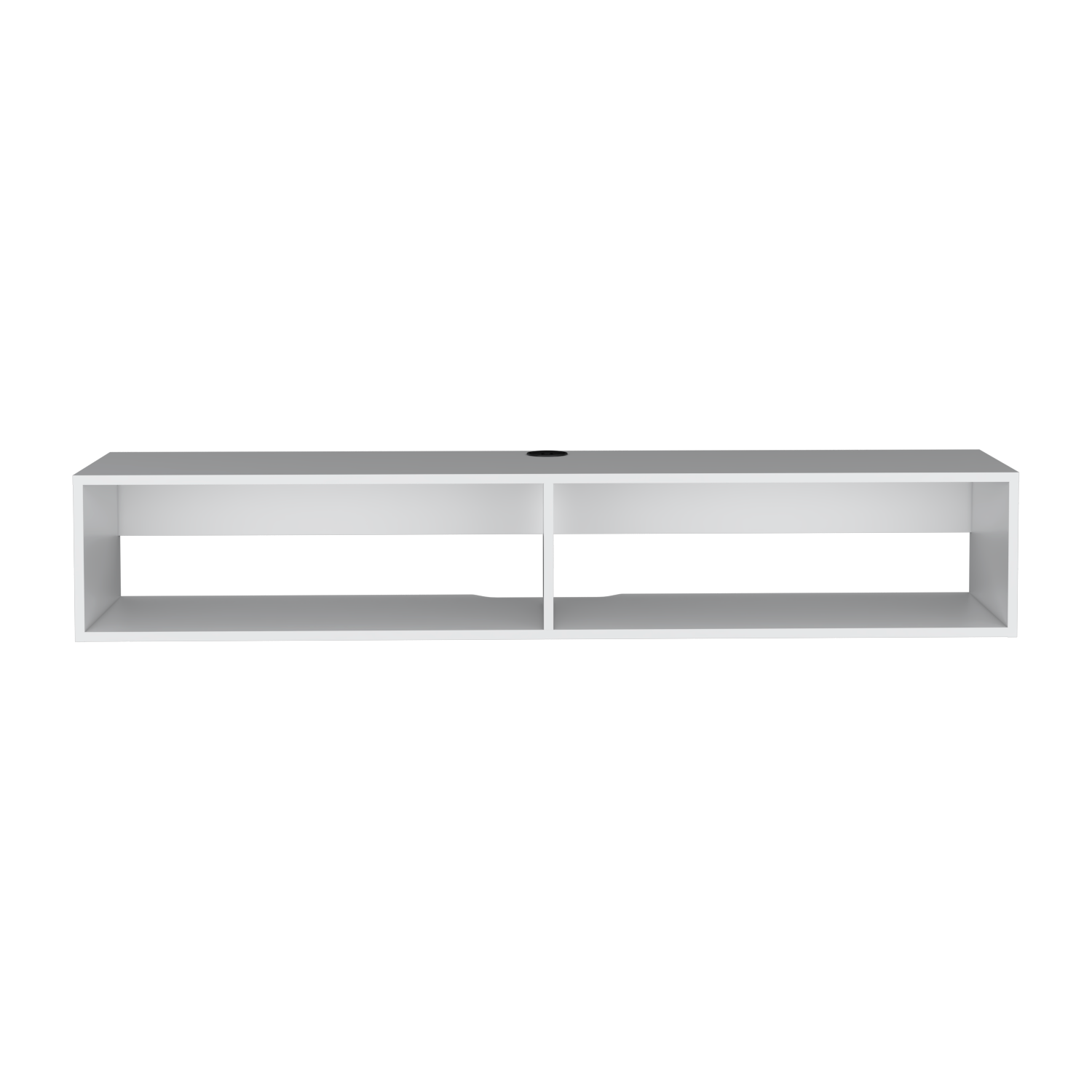 Modern white wallmounted TV console with two open compartments and cable management