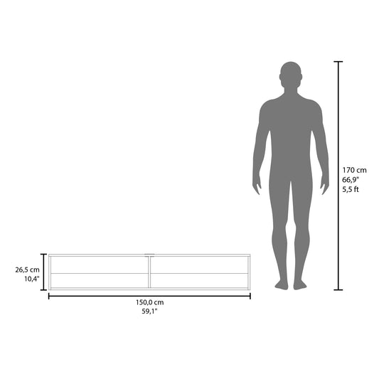Line drawing of a low modern TV stand with dimensions for scale comparison