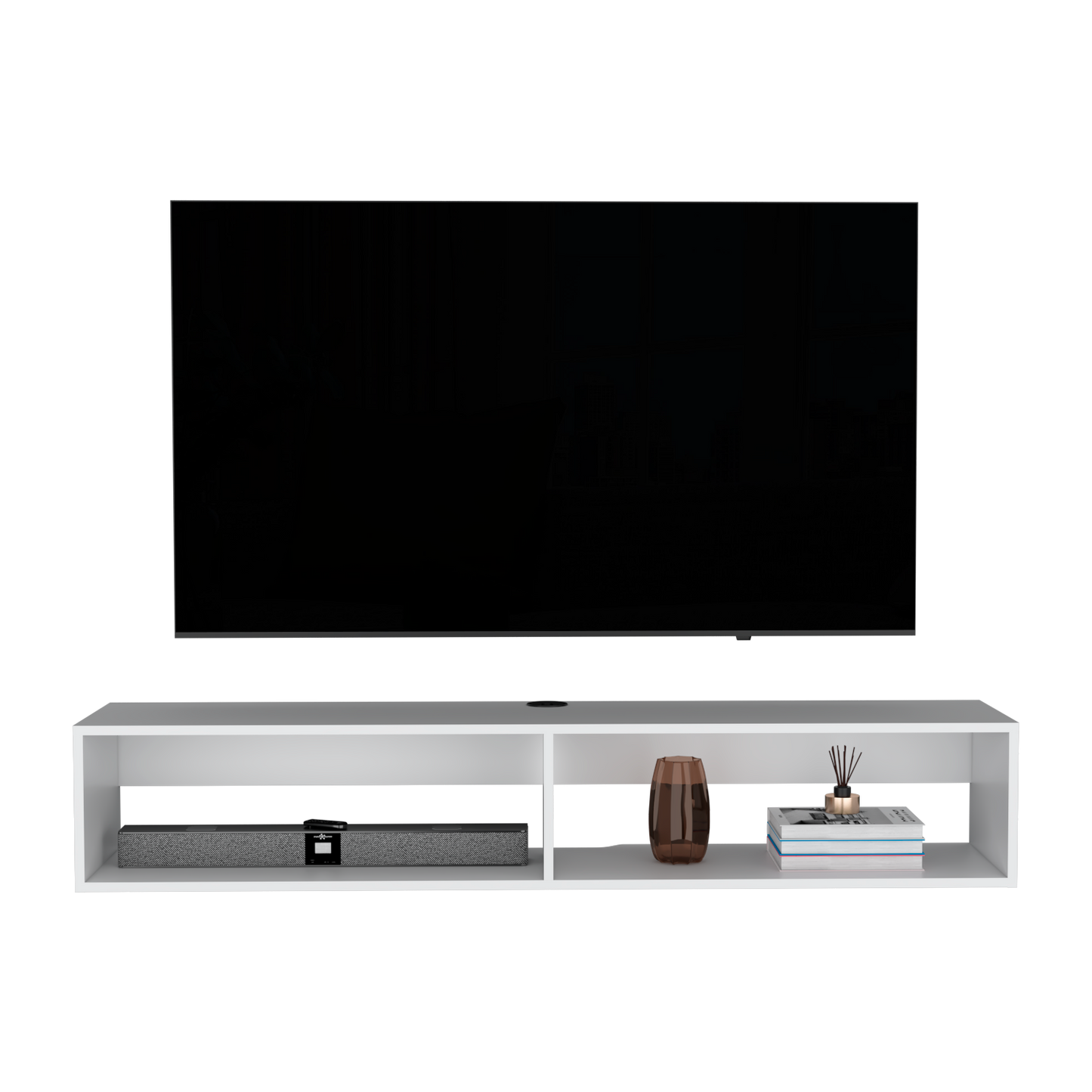Modern white wallmounted TV stand with open shelving for media console