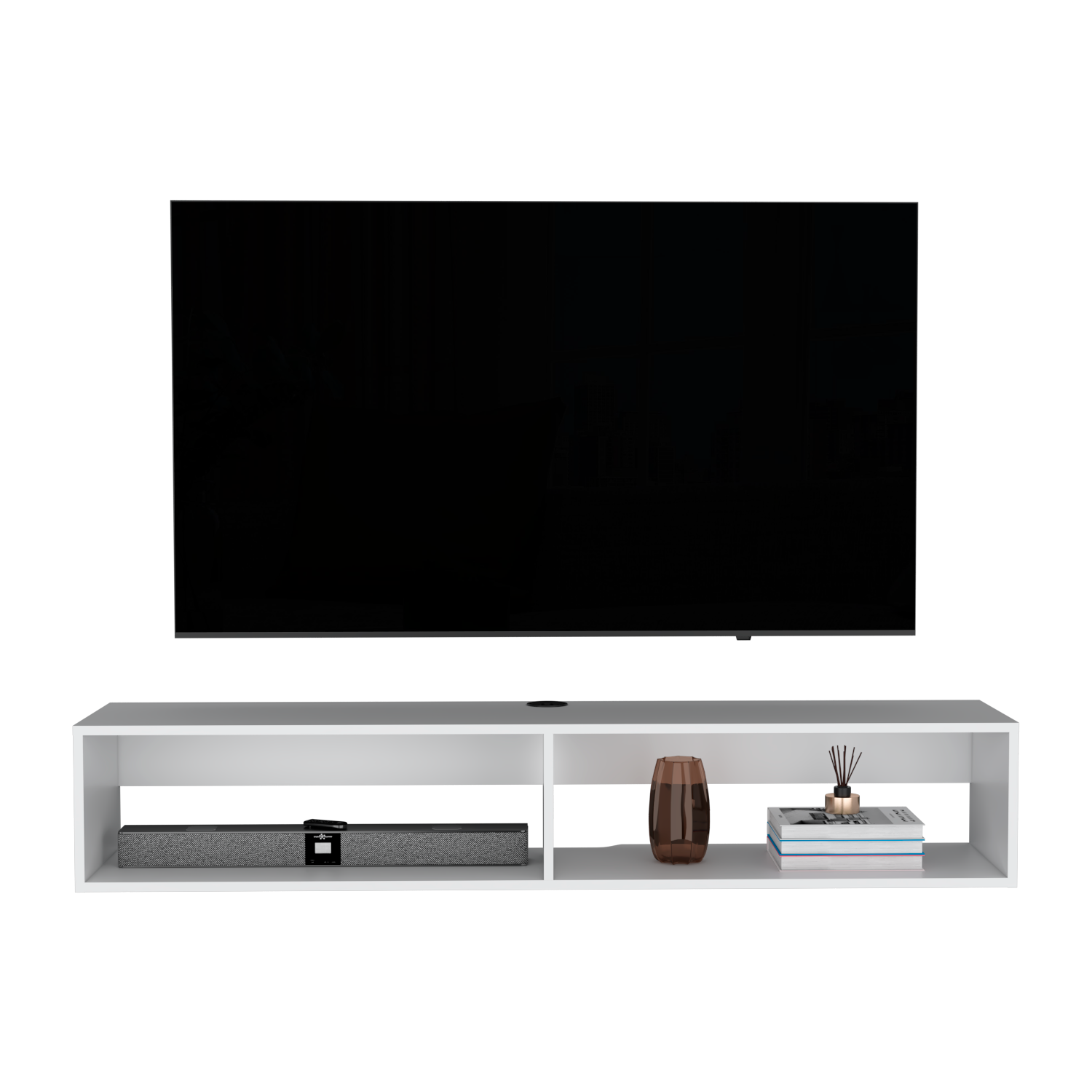 Modern white wallmounted TV stand with open shelving for media console