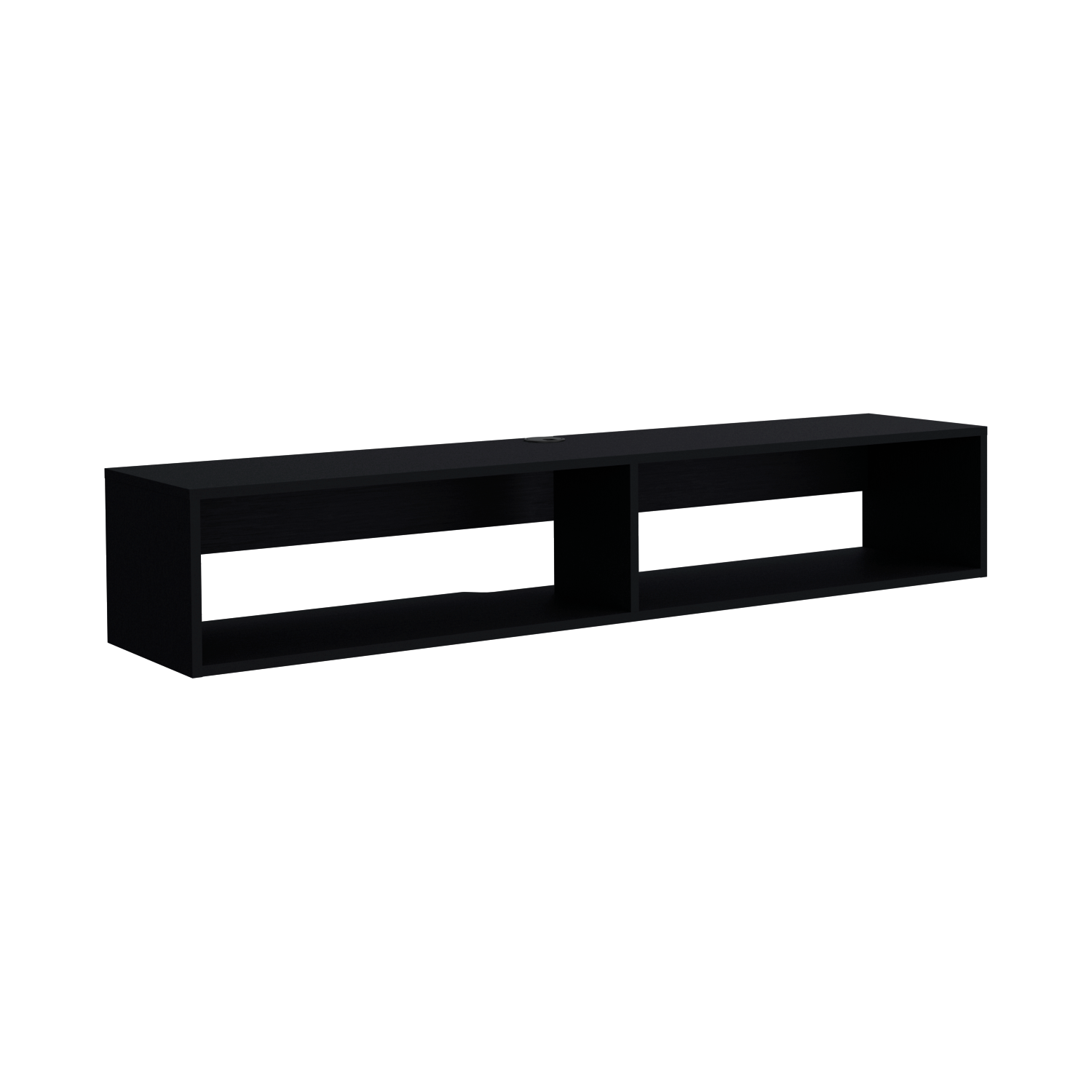 Sleek black wallmounted TV stand with two open shelves for media devices
