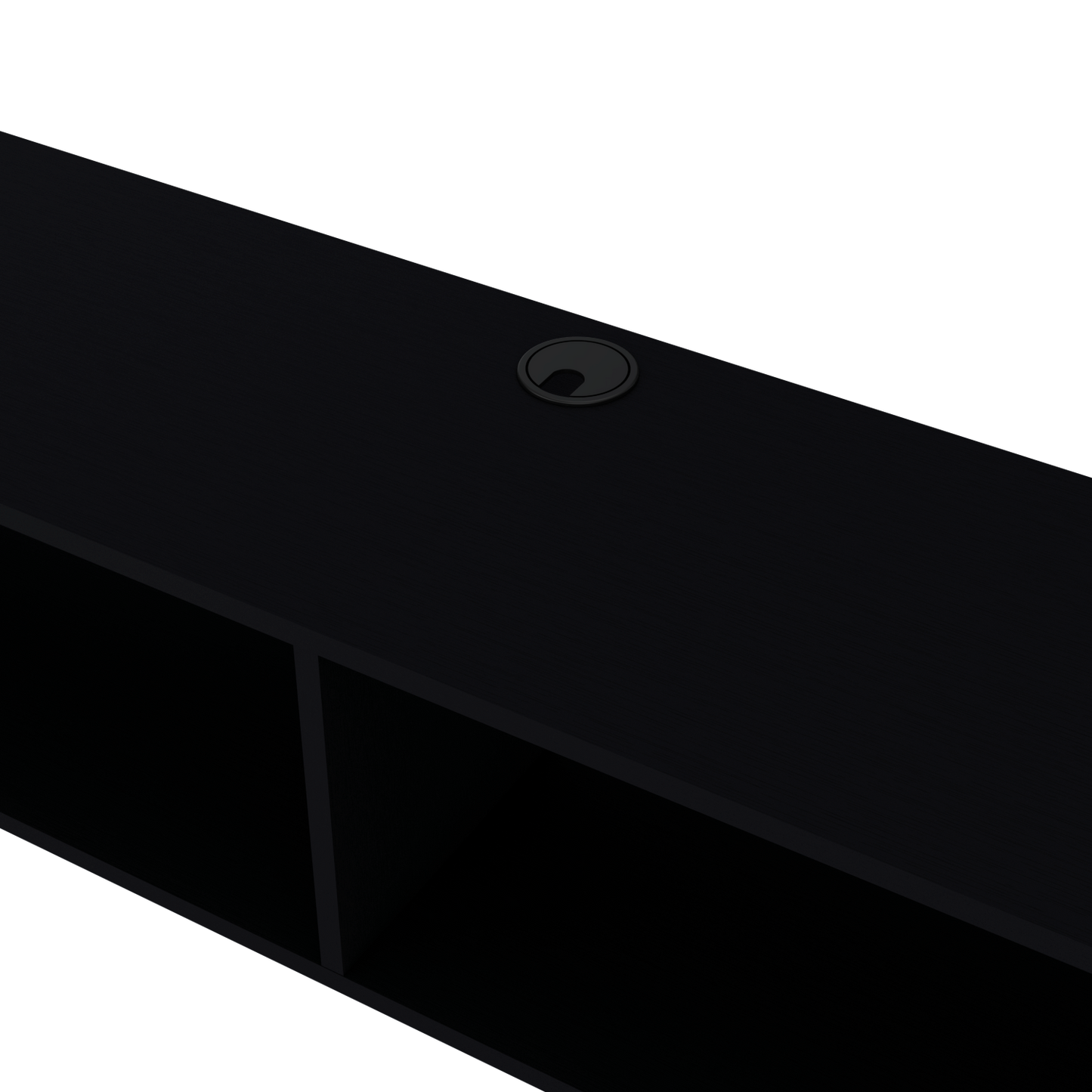 Sleek black modern desk with integrated cable management grommet