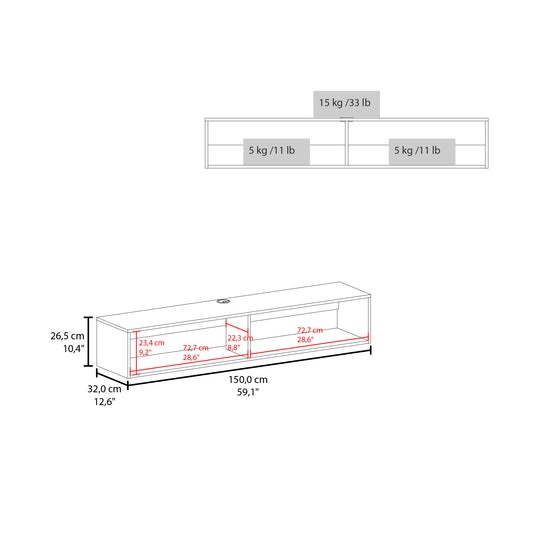Diagram showing dimensions and weight capacities of a modern tv stand  cm length