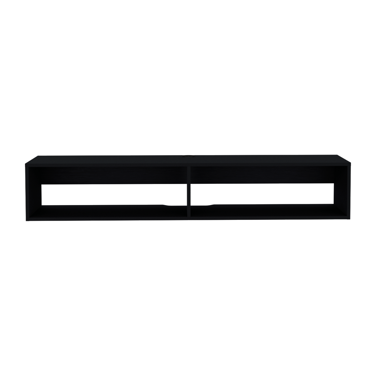 Sleek black floating shelf with two open compartments for modern display