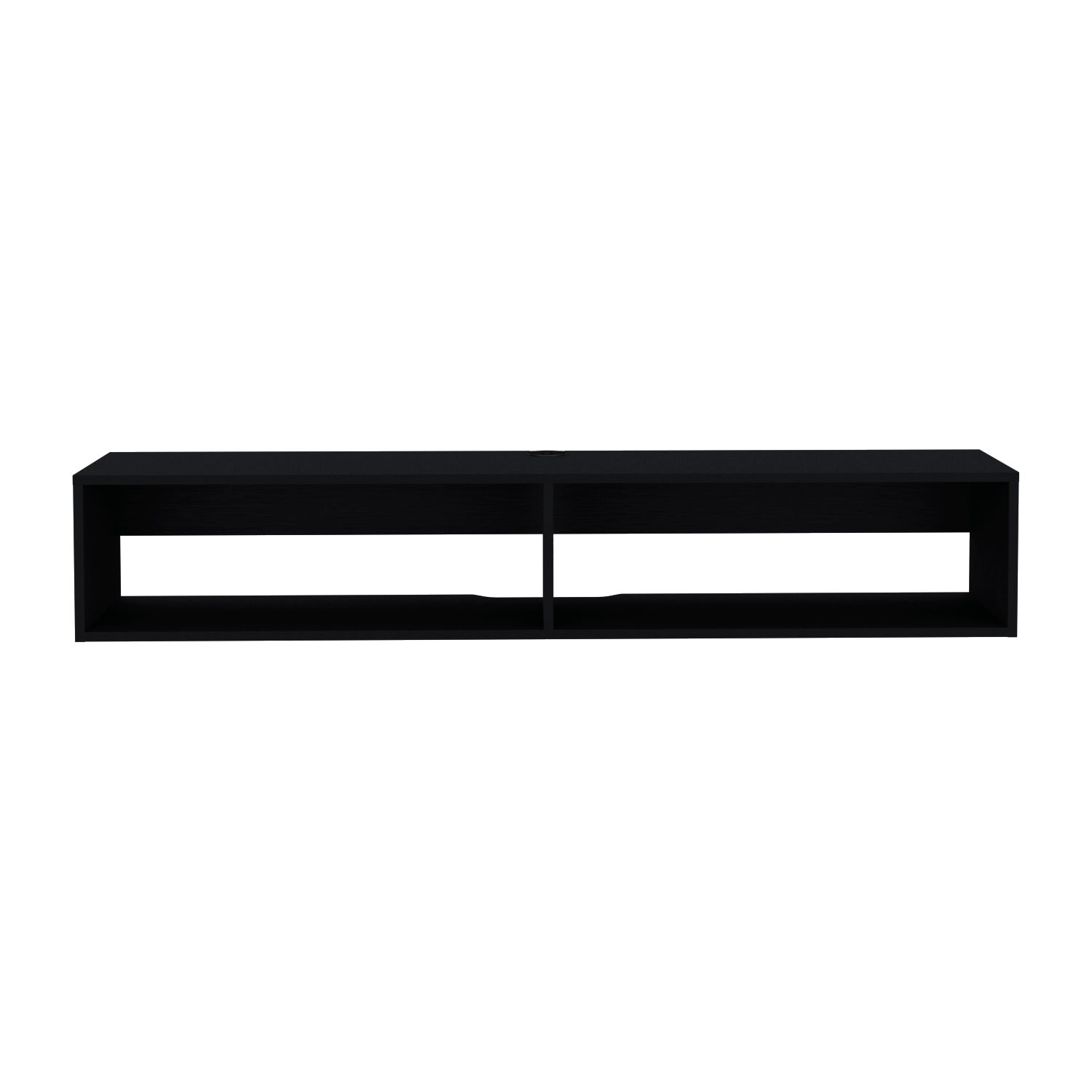 Sleek black floating shelf with two open compartments for modern display
