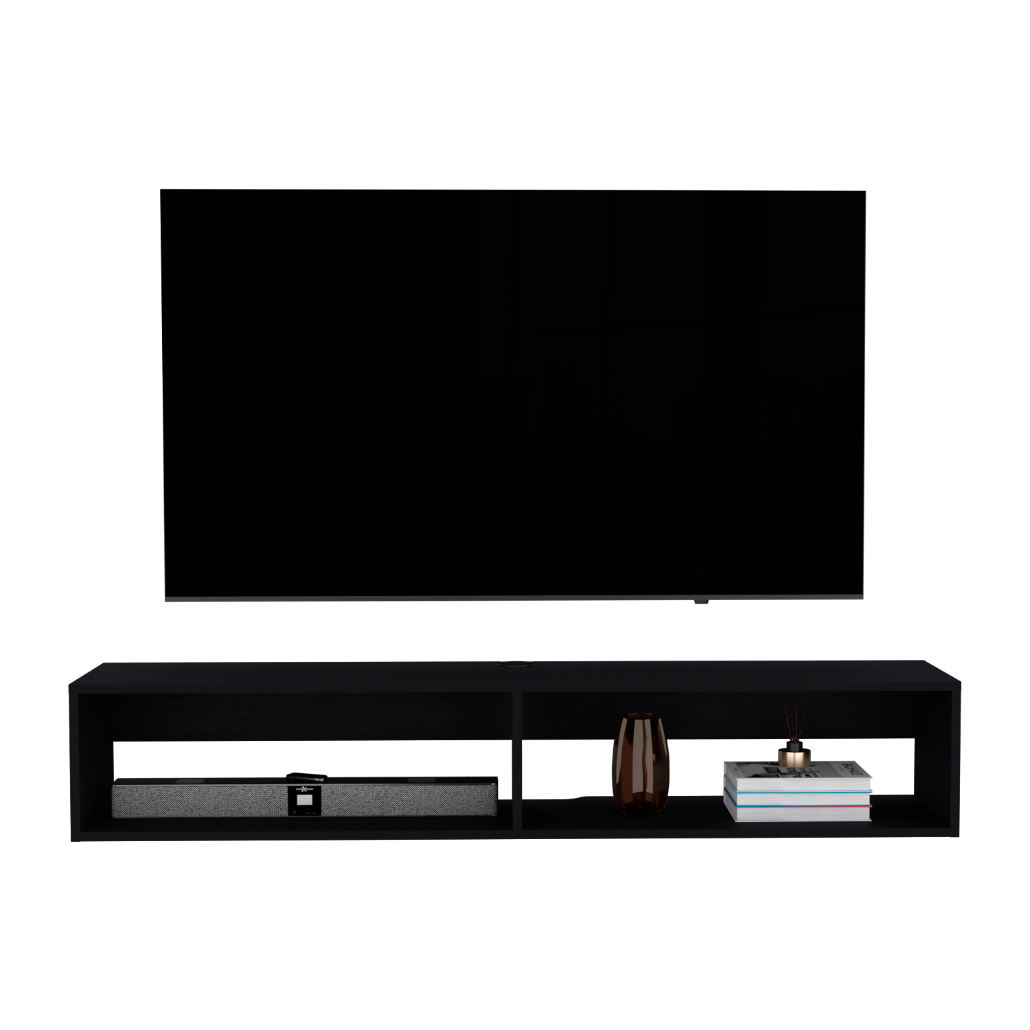 Sleek black media console with integrated soundbar decorative vase and books