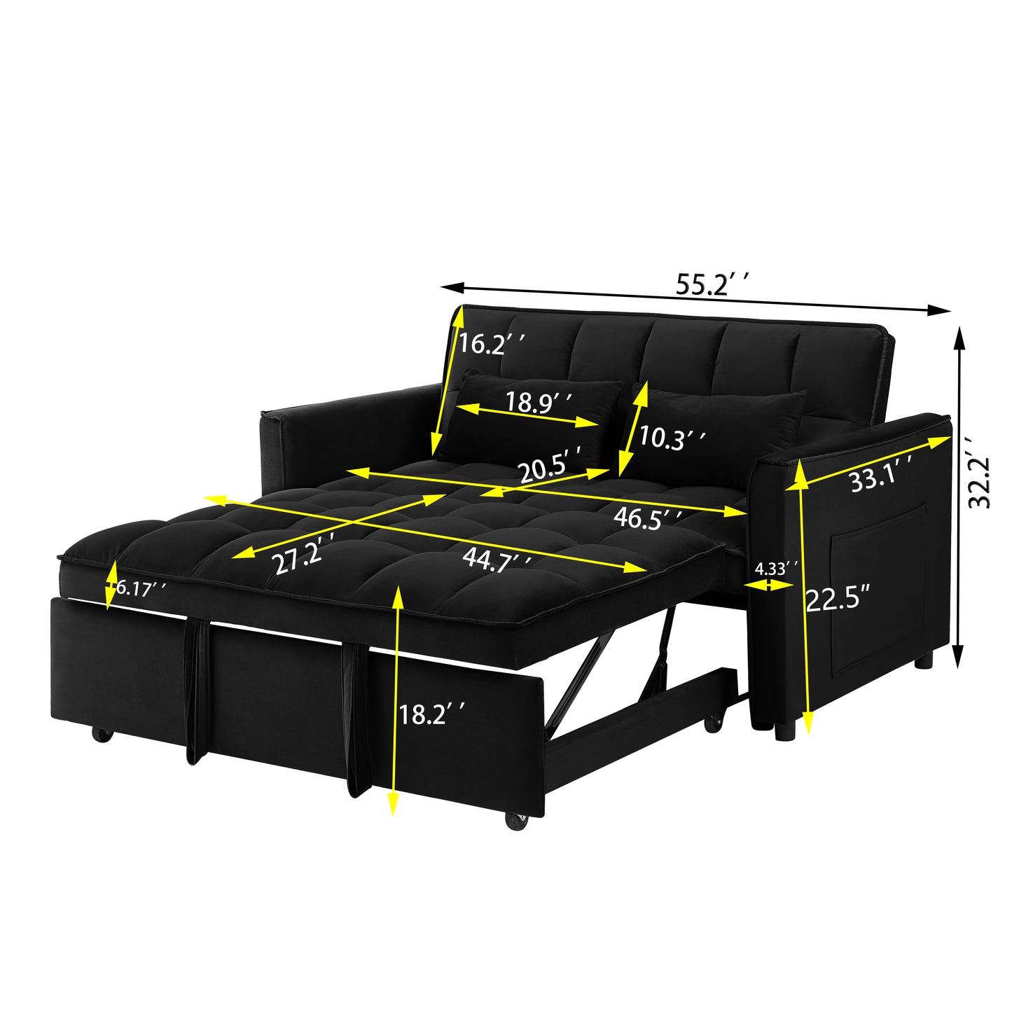 Black upholstered convertible sofa bed with tufted cushions and side pockets Dimensions provided for multifunctional use