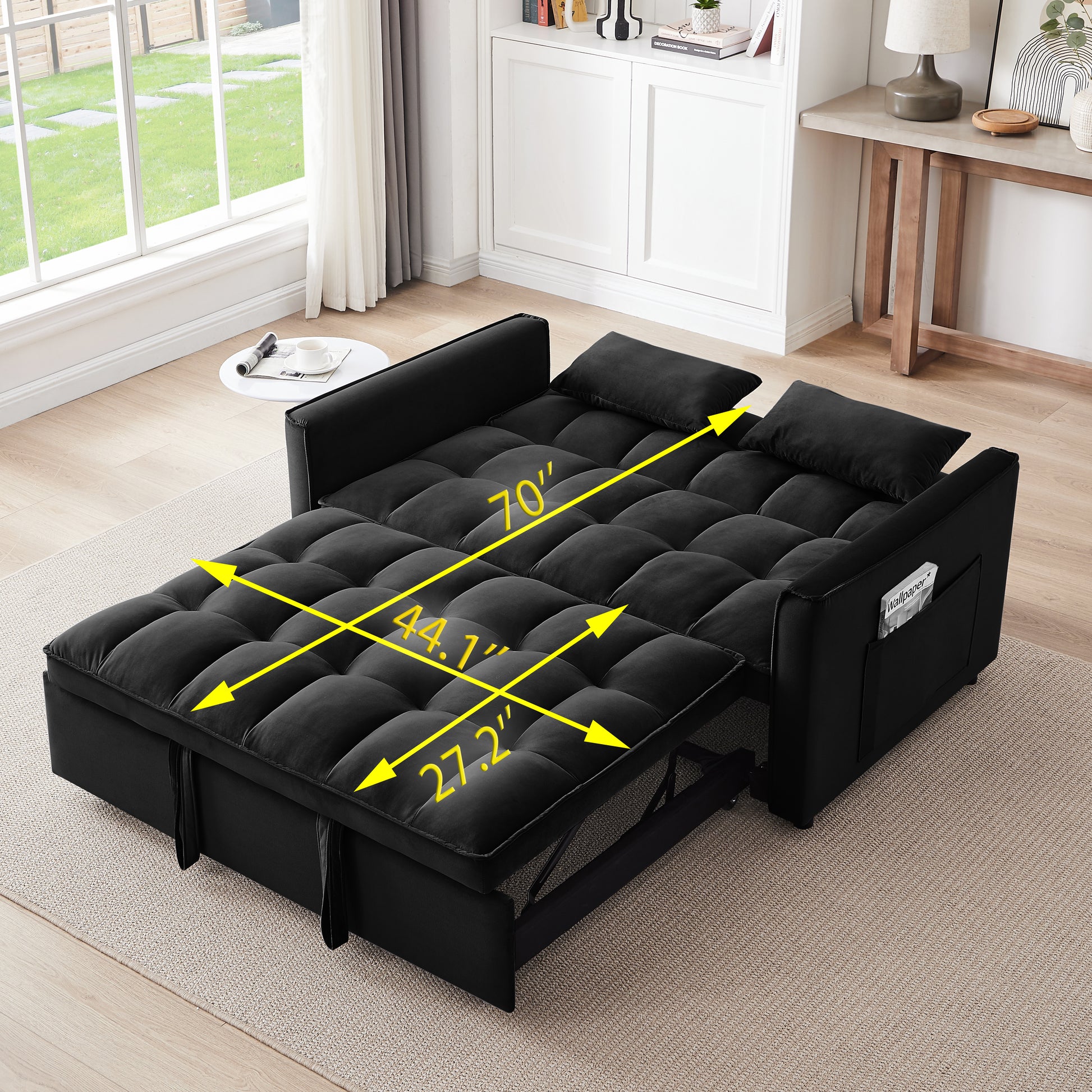 Black velvet convertible sofa bed with tufted cushions dimensions shown