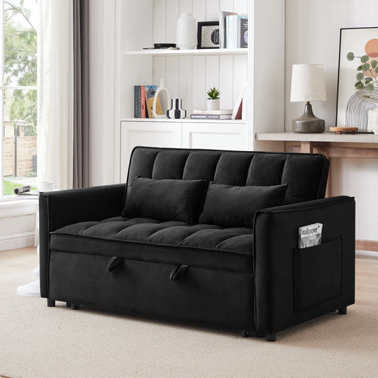Black velvet sofa with tufted cushions and convenient side pocket for storage